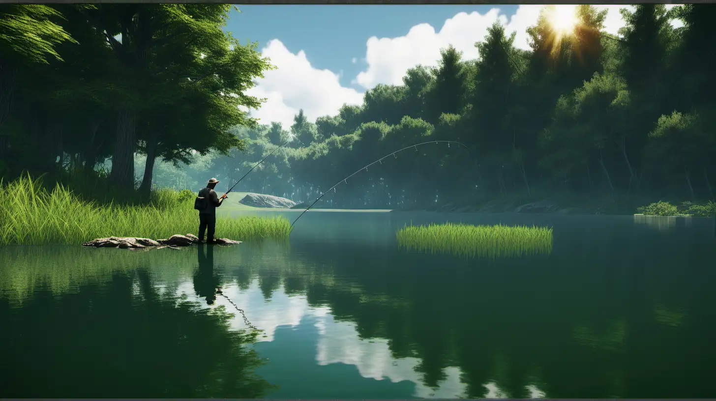 /imagine prompt: A lone man fishing on the side of a lake, the water shimmering with the reflection of the sun. The lush vegetation around the lake frames him in a verdant embrace, highlighting the harmony between man and nature. Created Using: soft natural lighting, rich color palette, detailed texture in vegetation and water, peaceful atmosphere, realistic proportions, high definition, realistic style --ar 16:9 --v 6.0



