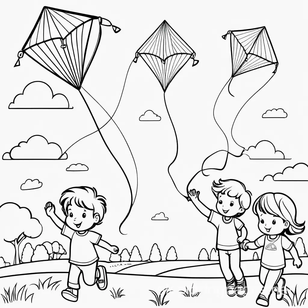 Kids Flying kites in a sunny sky., Coloring Page, black and white, line art, white background, Simplicity, Ample White Space. The background of the coloring page is plain white to make it easy for young children to color within the lines. The outlines of all the subjects are easy to distinguish, making it simple for kids to color without too much difficulty