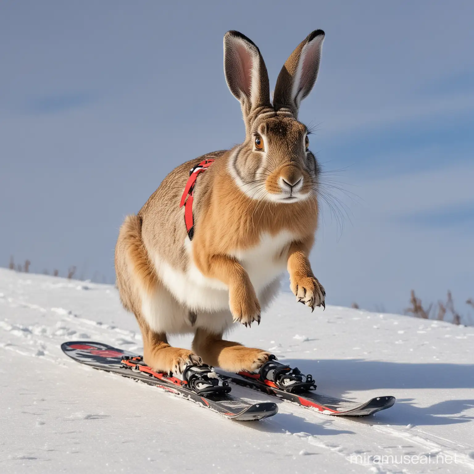 заяц русак с протезами для бега вместо лаб катается на лыжах зимой