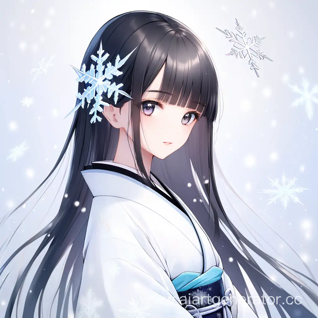 красивая девушка в белом кимоно с черными прямыми волосами с челкой, на кимоно изображены снежинки 