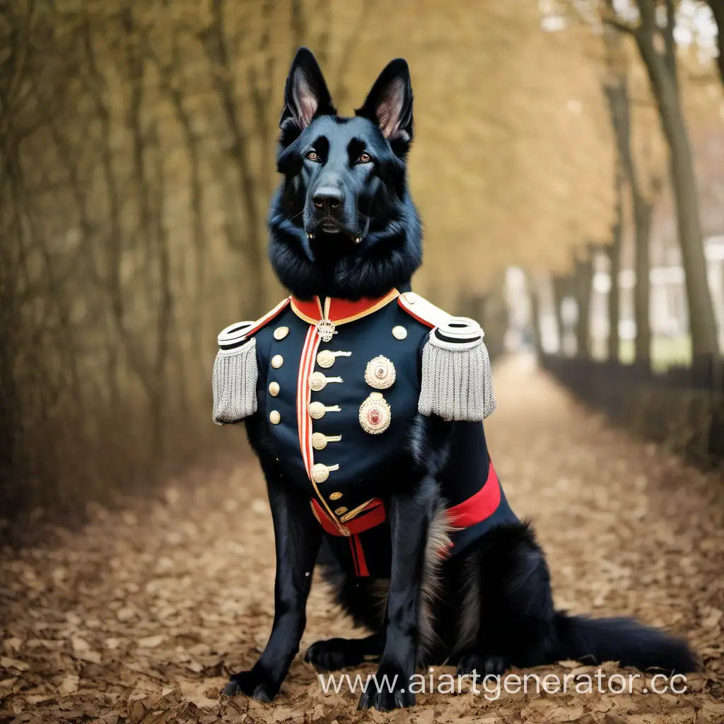 black german shepherd dog wearing 18th century military officers uniform