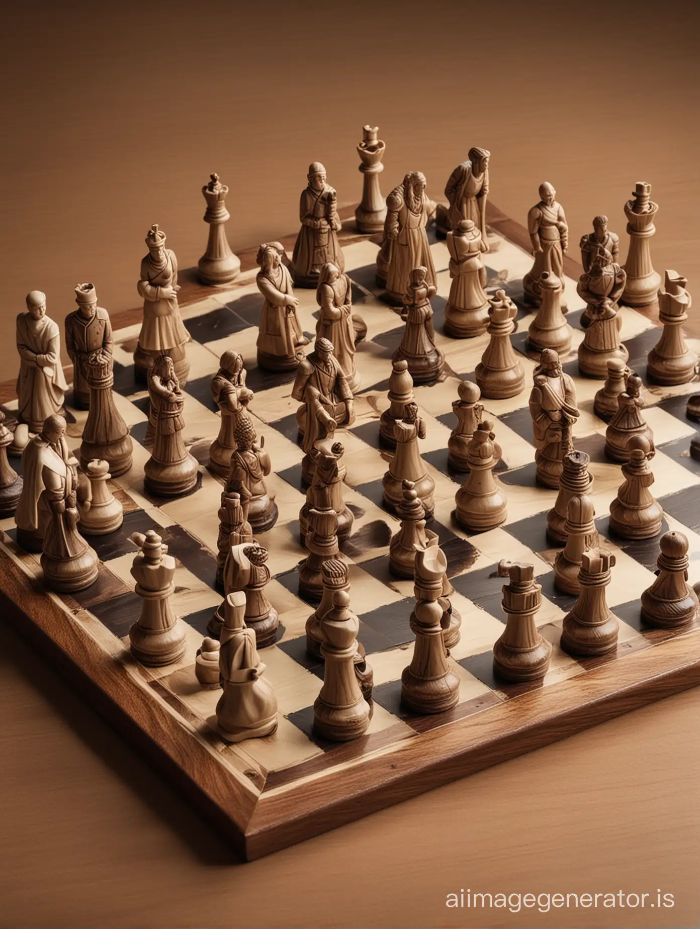 living chess pieces in the form of people fight on the chessboard 