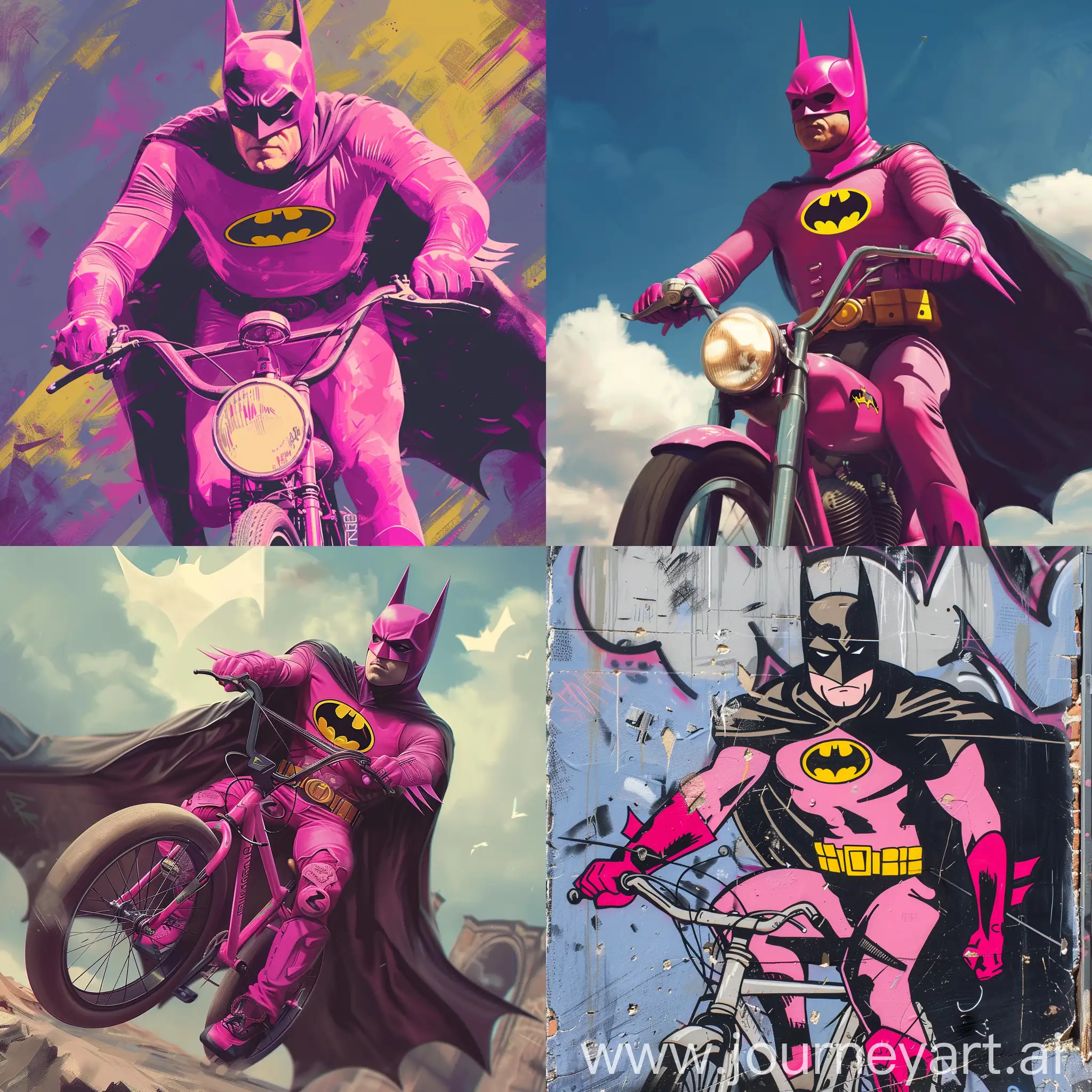 Dynamic-Batman-on-a-Bicycle-Amidst-a-Vibrant-Pink-Landscape