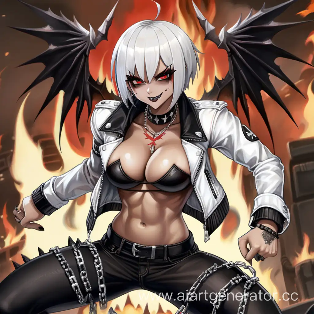 Battle Field, 1 Person, Women, Human, White hair, Short hair, Spiky Hairstyle, Dark Brown Skin, Black Metal Wings, White Jacket, White Shirt, Black Jeans, Choker, Burning Chains, Black Lipstick, Serious Smile, Scarlet Red-eyes, Sharp Eyes, Big Breasts,  Flexing Muscles, Muscular Arms, Muscular Legs, Well-toned Body, Muscular Body, Red Smoke, 
