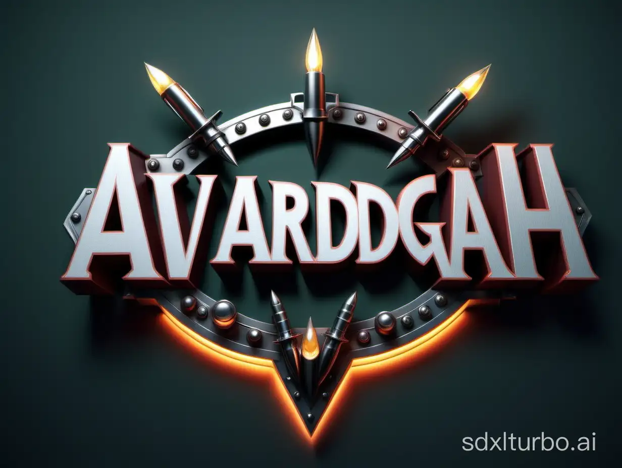 create text logo from "AVARDGAH" with sharp edges and bullets and other assets decoration, front view, clean, lights, simple, 3d, frame