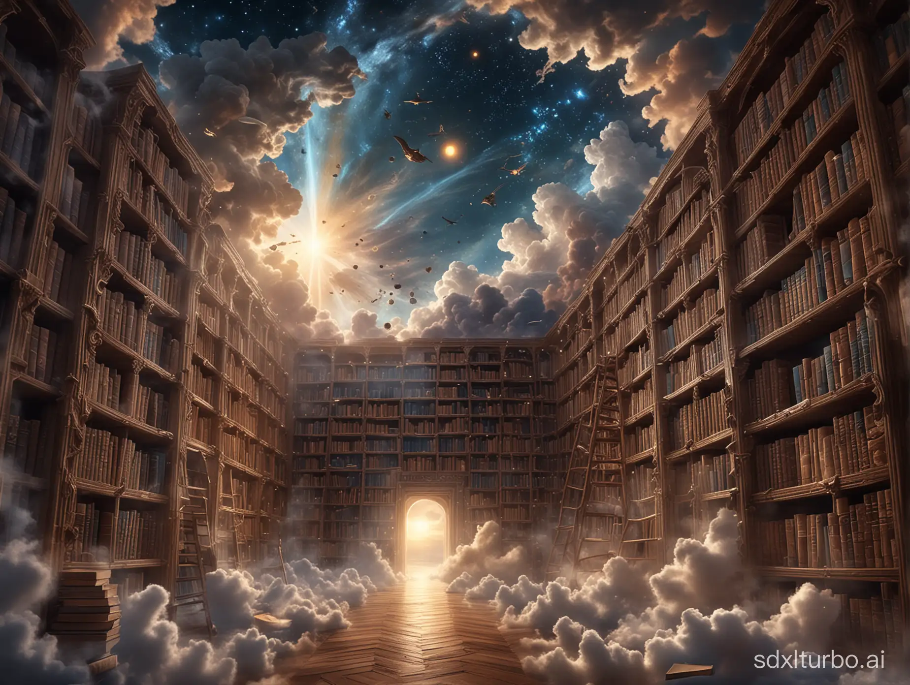 Create a dreamlike scene of a celestial library hidden within the clouds, where towering bookshelves stretch endlessly into the heavens, filled with volumes of knowledge from across time and space, guarded by wise celestial beings.