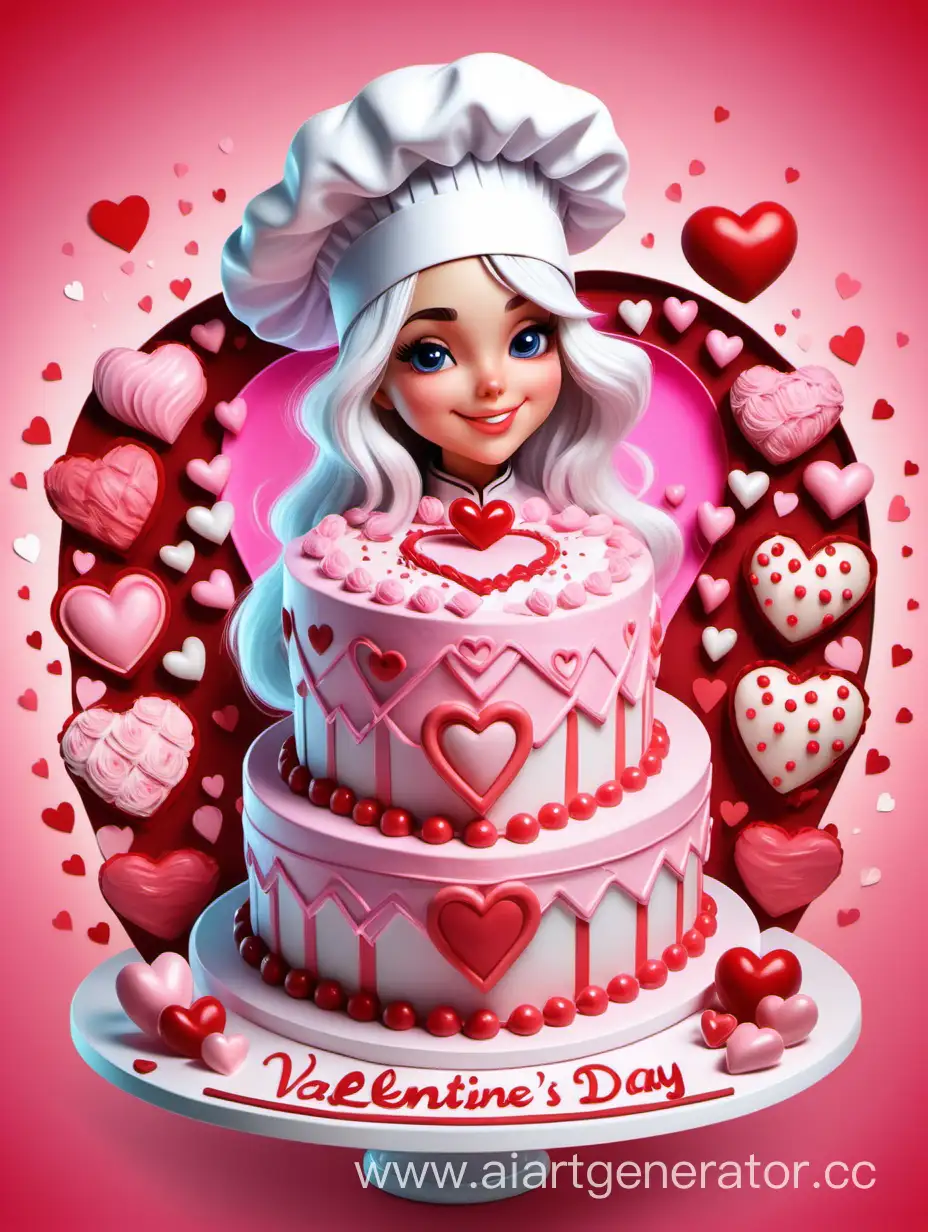 Картинка-арт, где кондитер девушка с белыми волосами в шапке повара стоит с красивым тортом с акцентом на день влюбленных в розовых цветах, вокруг сердечки на фоне