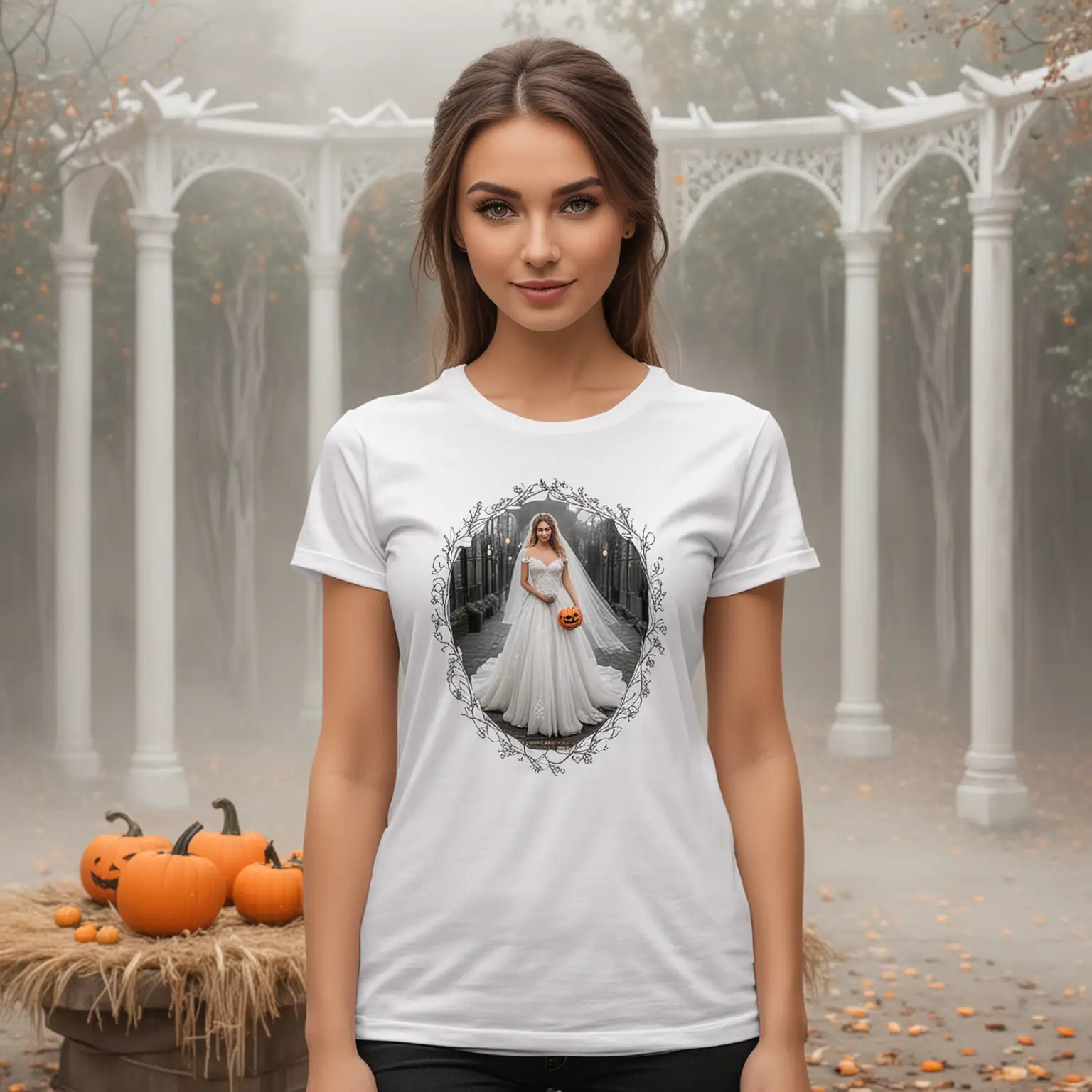 a mockup for a white tee.  the model should be a female bride.  the background of the photo should look like an outdoor hallloween wedding
