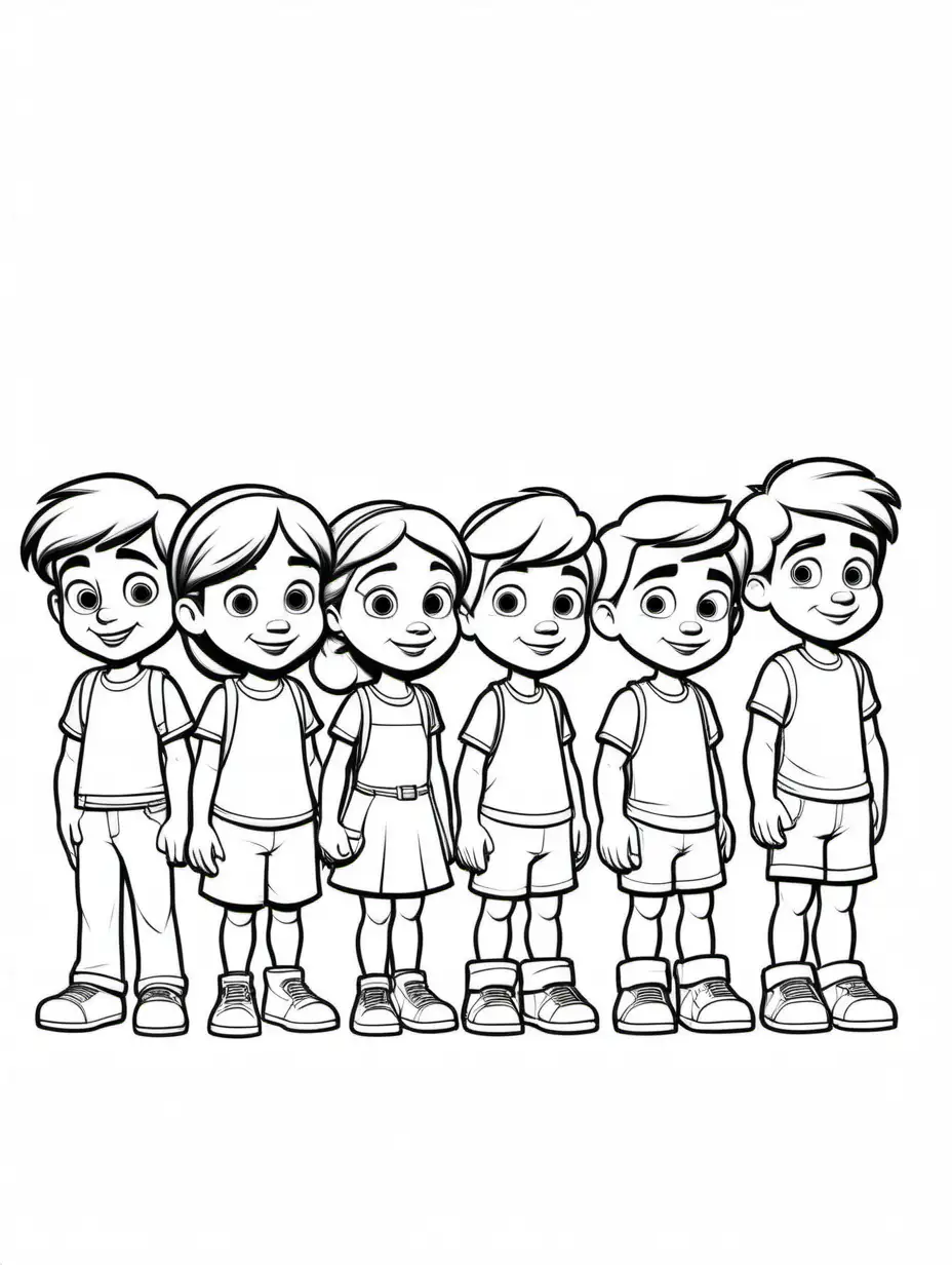 Generate, 8K image of six kids in 3d PIXAR and DISNEY characters, patiently waiting in LINE QUE, , Coloring Page, black and white, line art, white background, Simplicity, Ample White Space. The background of the coloring page is plain white to make it easy for young children to color within the lines. The outlines of all the subjects are easy to distinguish, making it simple for kids to color without too much difficulty