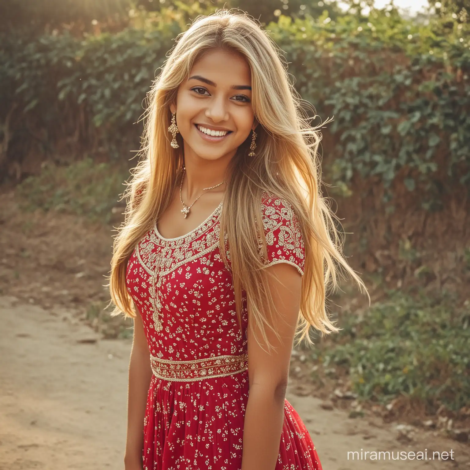 Blonde Girl in Traditional Indian Dress Smiling