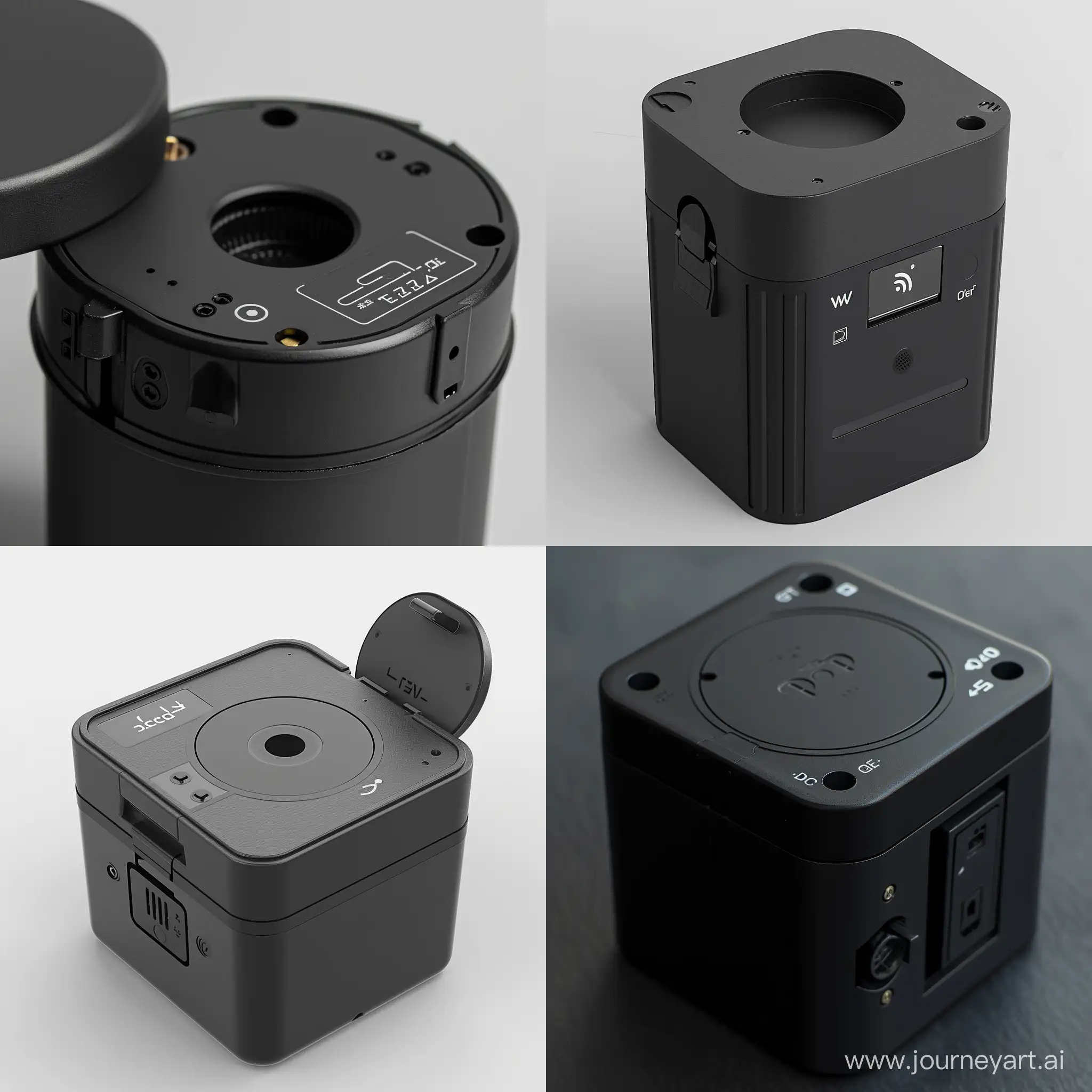 Black container box, the top side can be opened like a lid, a a small circular hole in the middle of the top side, on the side is a push button,beside the button is a on/off switch, from the hole you can see a ESP-32.