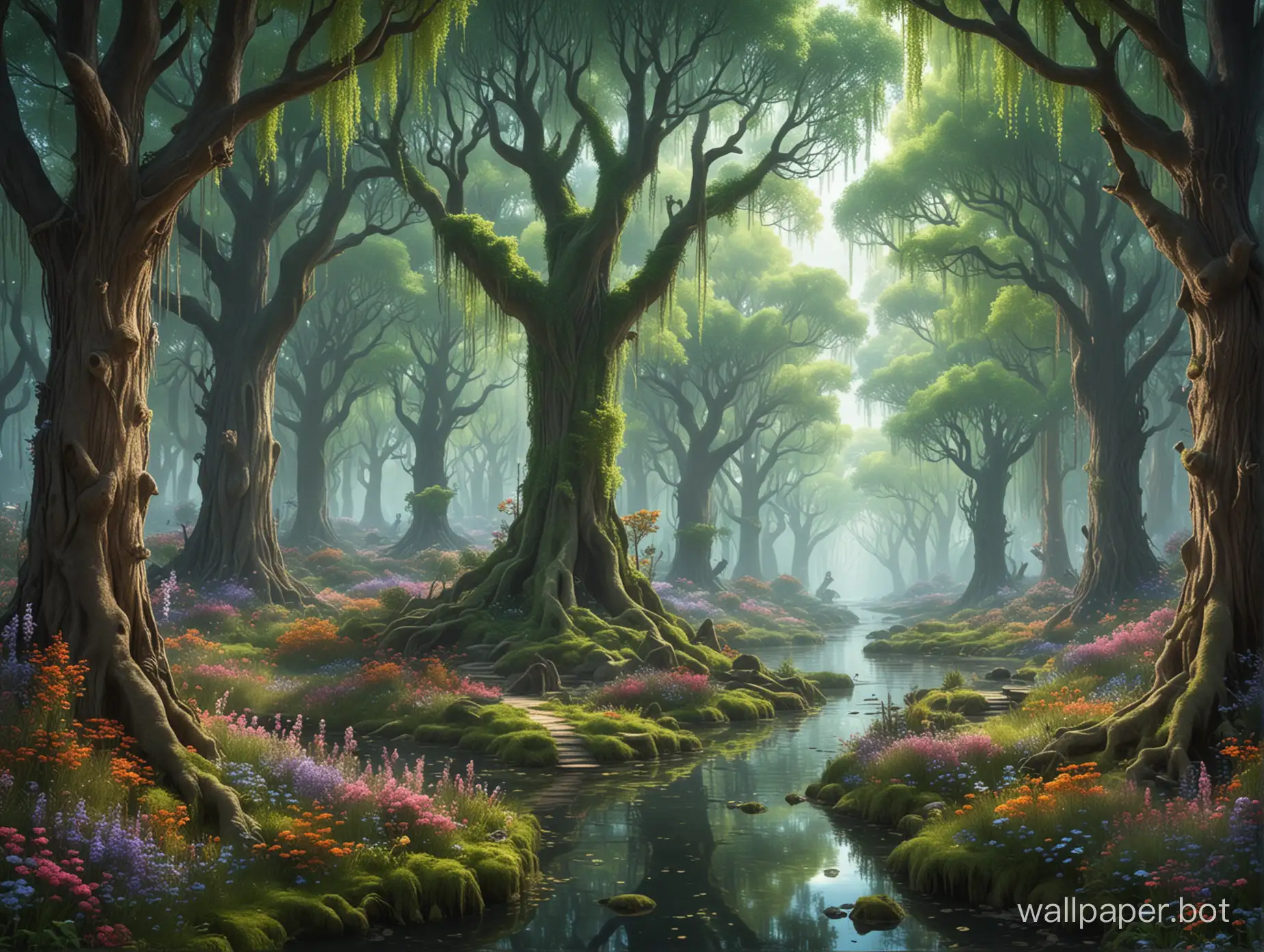 Deep fantasy forest, with willow trees and flowers of many species, and mystical creatures like dragons and fairies