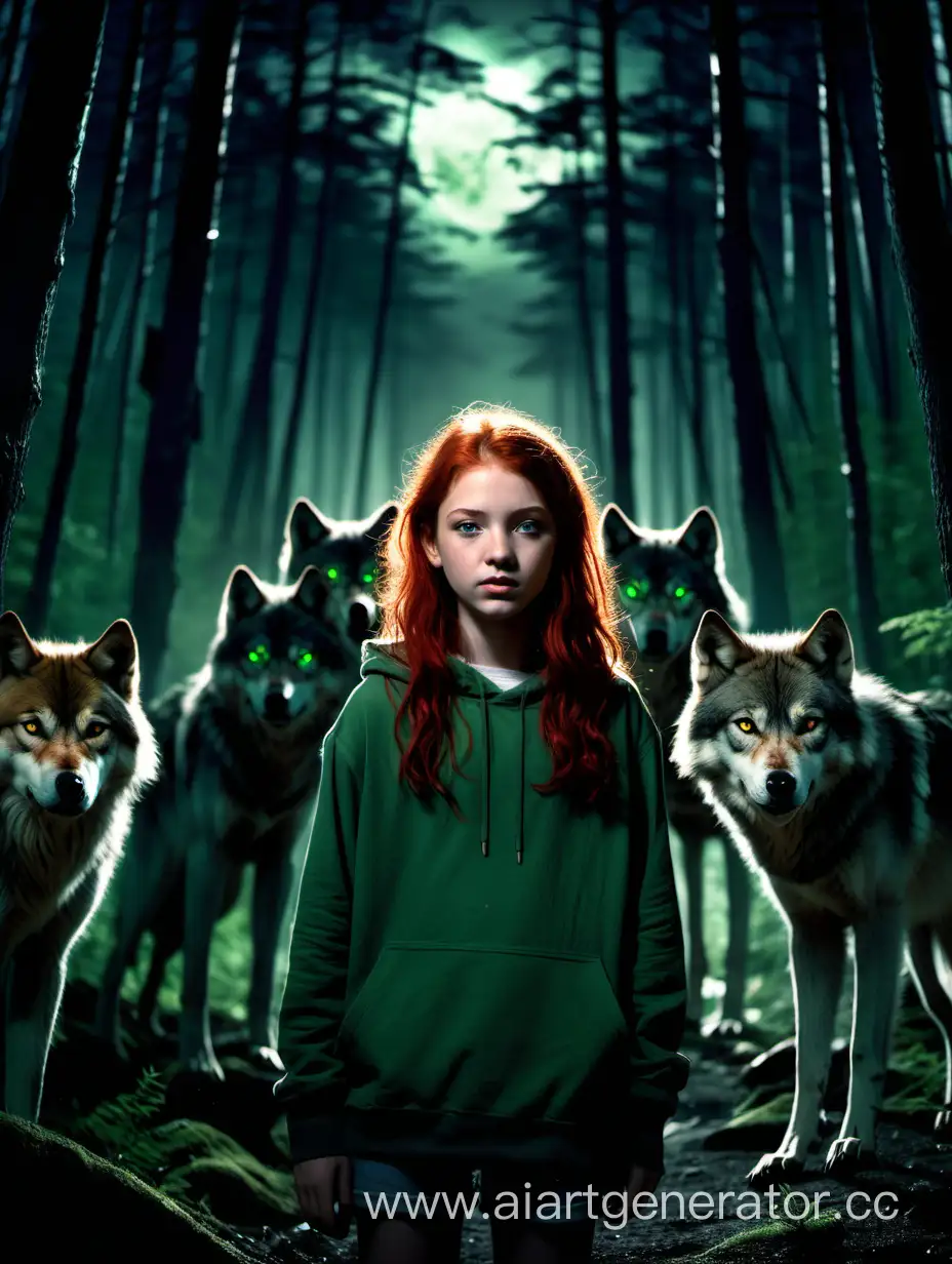 Девочка 13 лет с рыжими волосами и зелеными глазами в чаще леса ночью со стаей волков