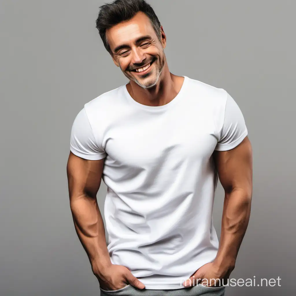 fit man looking down at the front  of his plain clean white tshirt smiling
