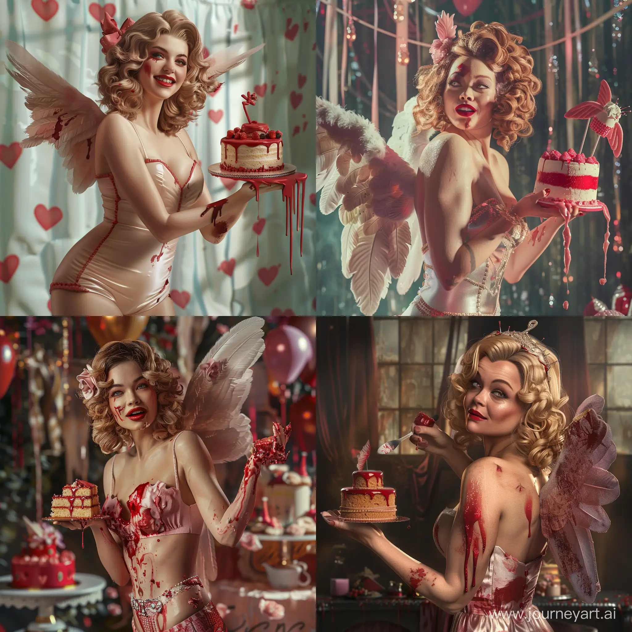 A 50s woman with a cake in her hand, revenge smile, angel, blood, horror, party background, cupid costume, detailed, realistic, photorealistic, real, 50s effect, looking from the front, red and pink cake