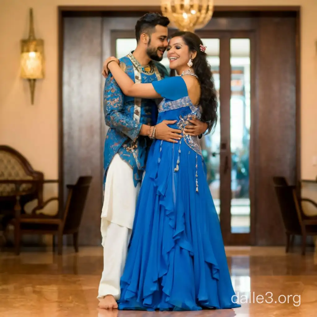 Generate full body image of a 40 year  indian woman hugging a male photographer in a photoshoot. She is  wearing Egyptian shining bright blue coin chiffon bedlah belly dance dress with  wedding jewelry  for a photoshoot in a hotel bedroom , they are taking selfie with mobile phone