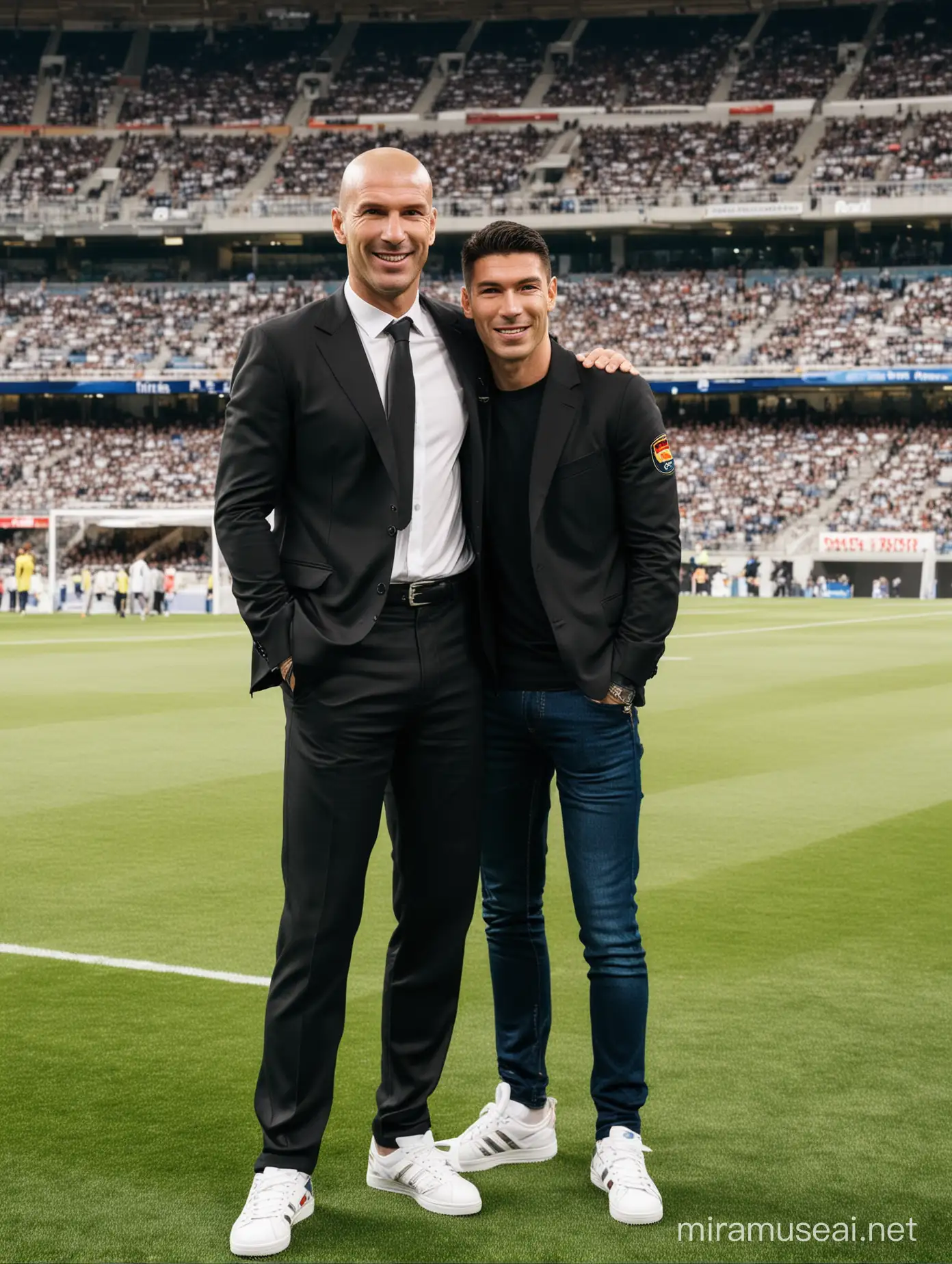 Zinédine Zidane pebakain setelan jas hitam berfoto dengan pria asia usia 30 tahun berambut pendek memakai jersey real madrid memakai celana jeans dan sepatu kets..latar belakang stadion real madrid 