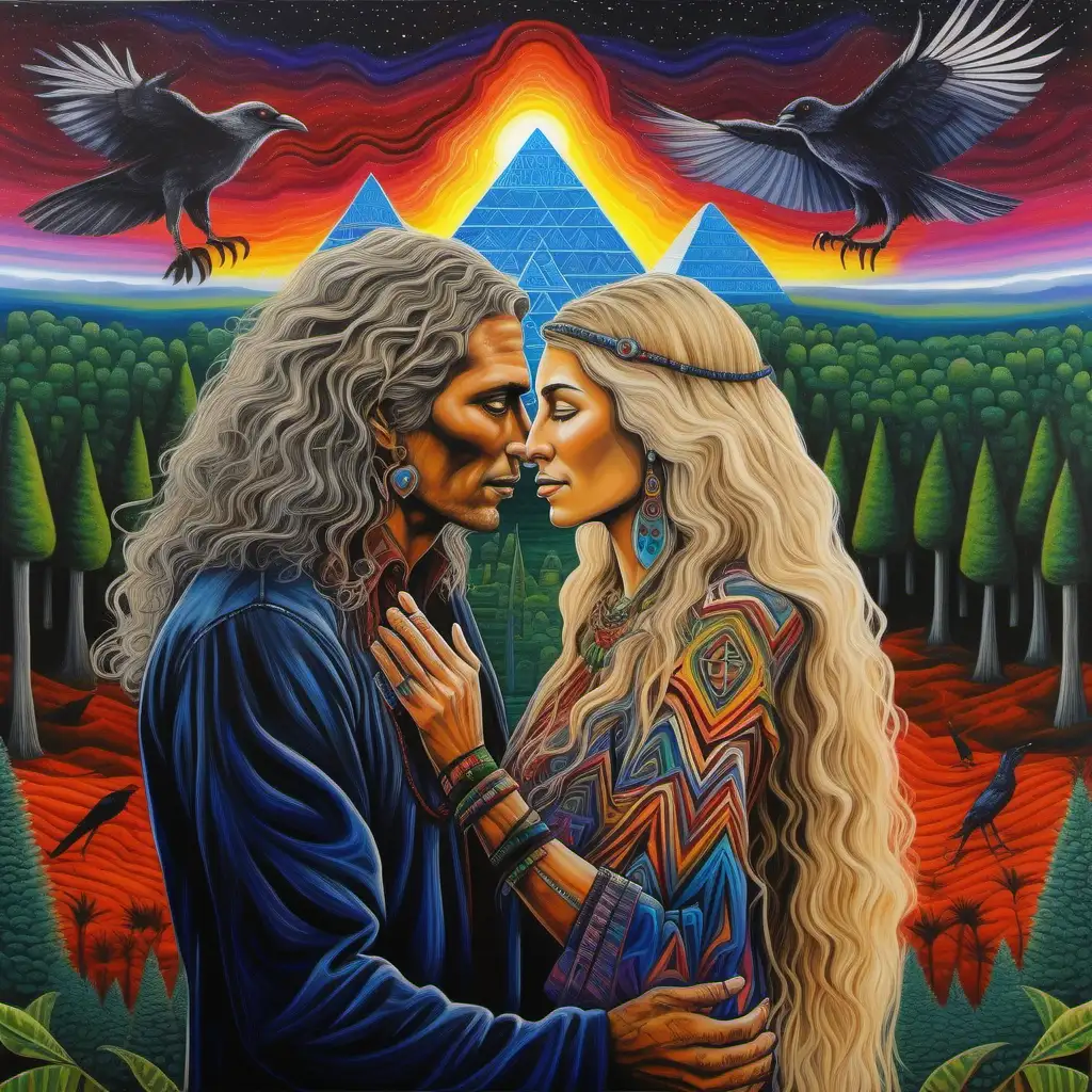 Psychedelic Shamanic Love Swedish Beauty and Greyhaired Gentleman Amidst South American Forest and Pyramids