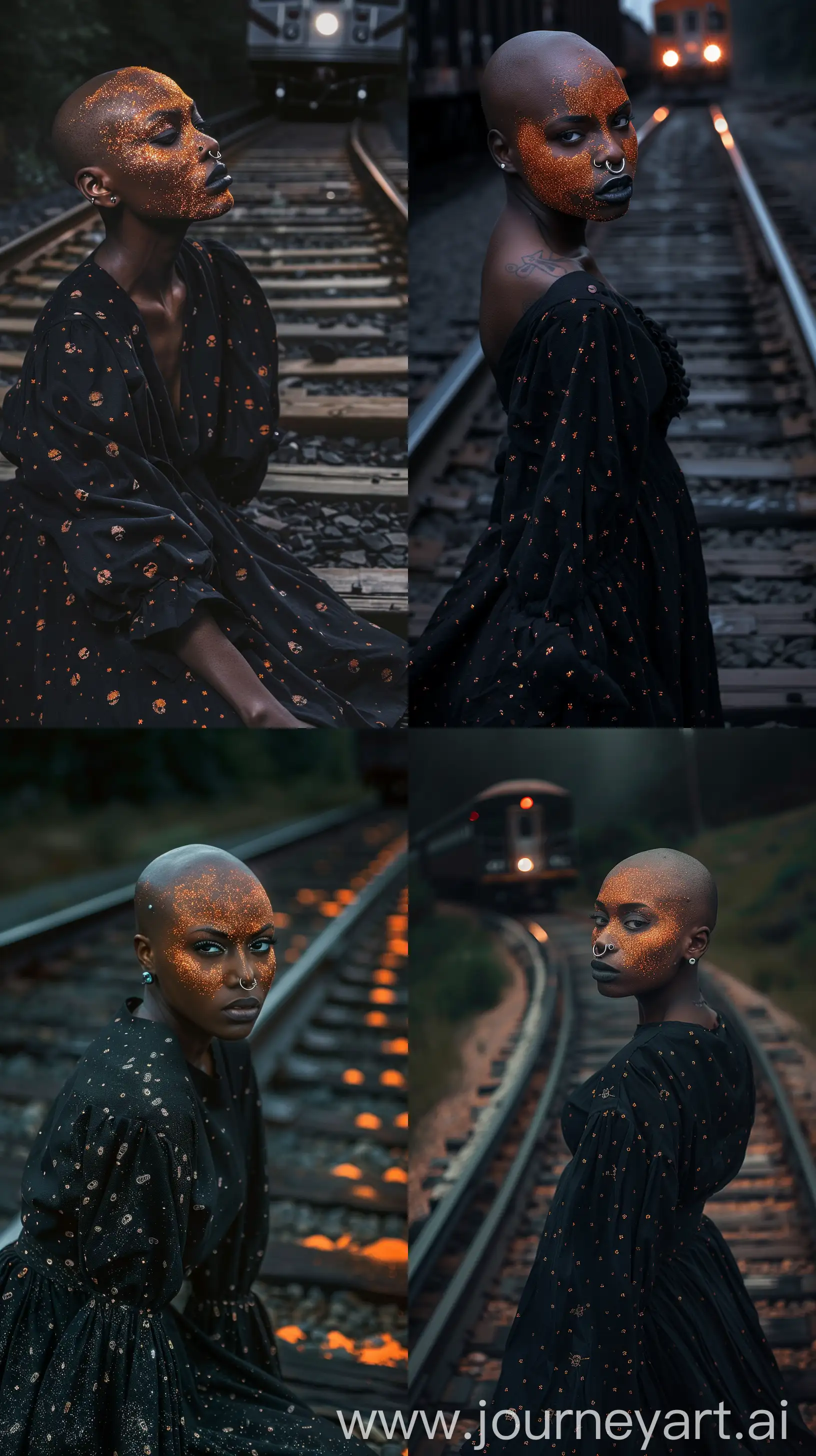 Bald black woman with nose ring, orange glitter powder on her face, on railroad track, a train coming to her, she seems sad, she is wearing long baggy black dress with small skull patterns, midnight, dark colors, dramatic lighting --ar 9:16