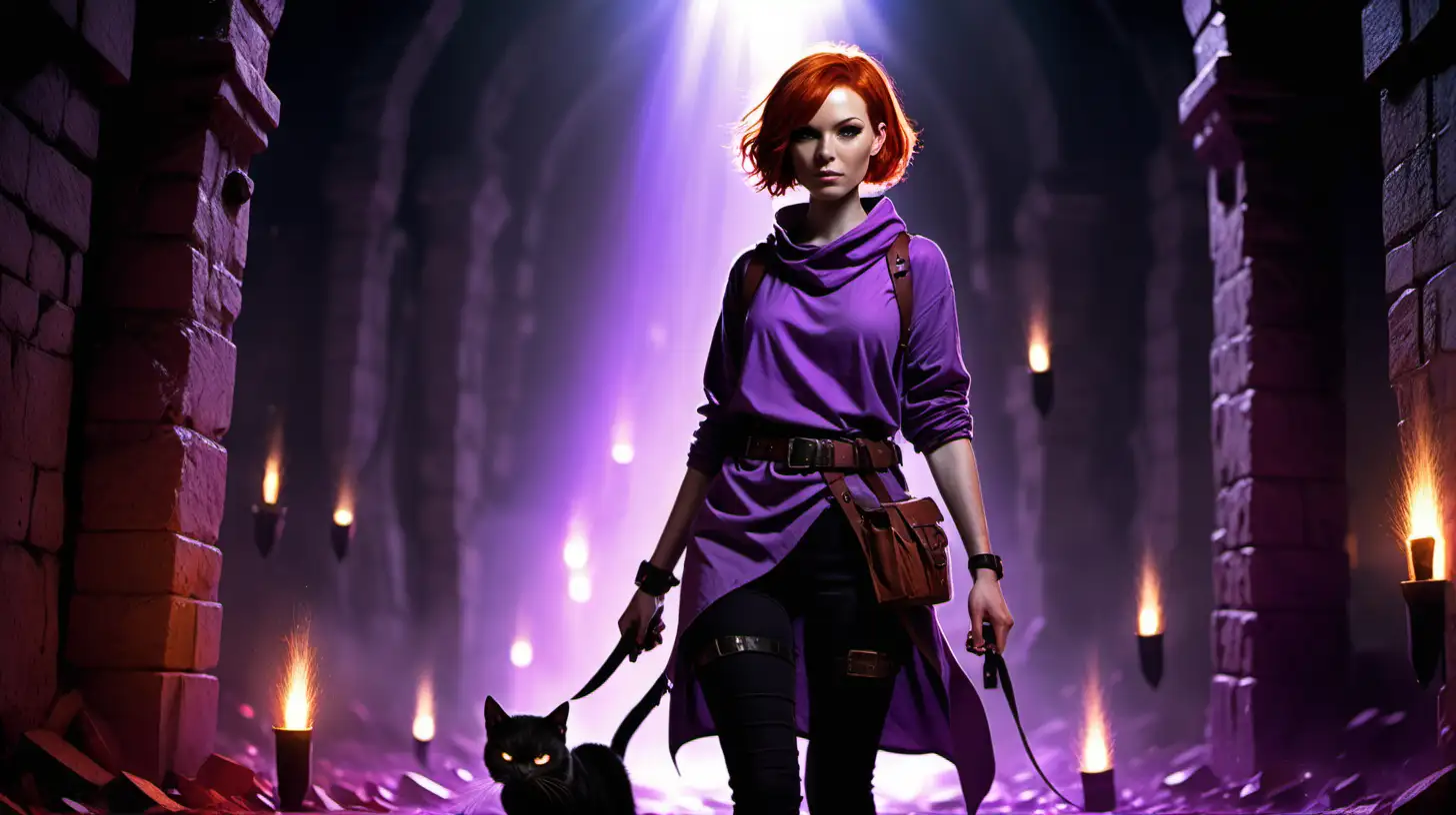 a woman with short red hair in black pants and a light purple tunic. She has a weapons belt around her waist. she has a satchel slung over her shoulder.  there is a shadow of a large cat sitting at her feet. She is standing in a dungeon surrounded by glowing purple lights with embers floating around her