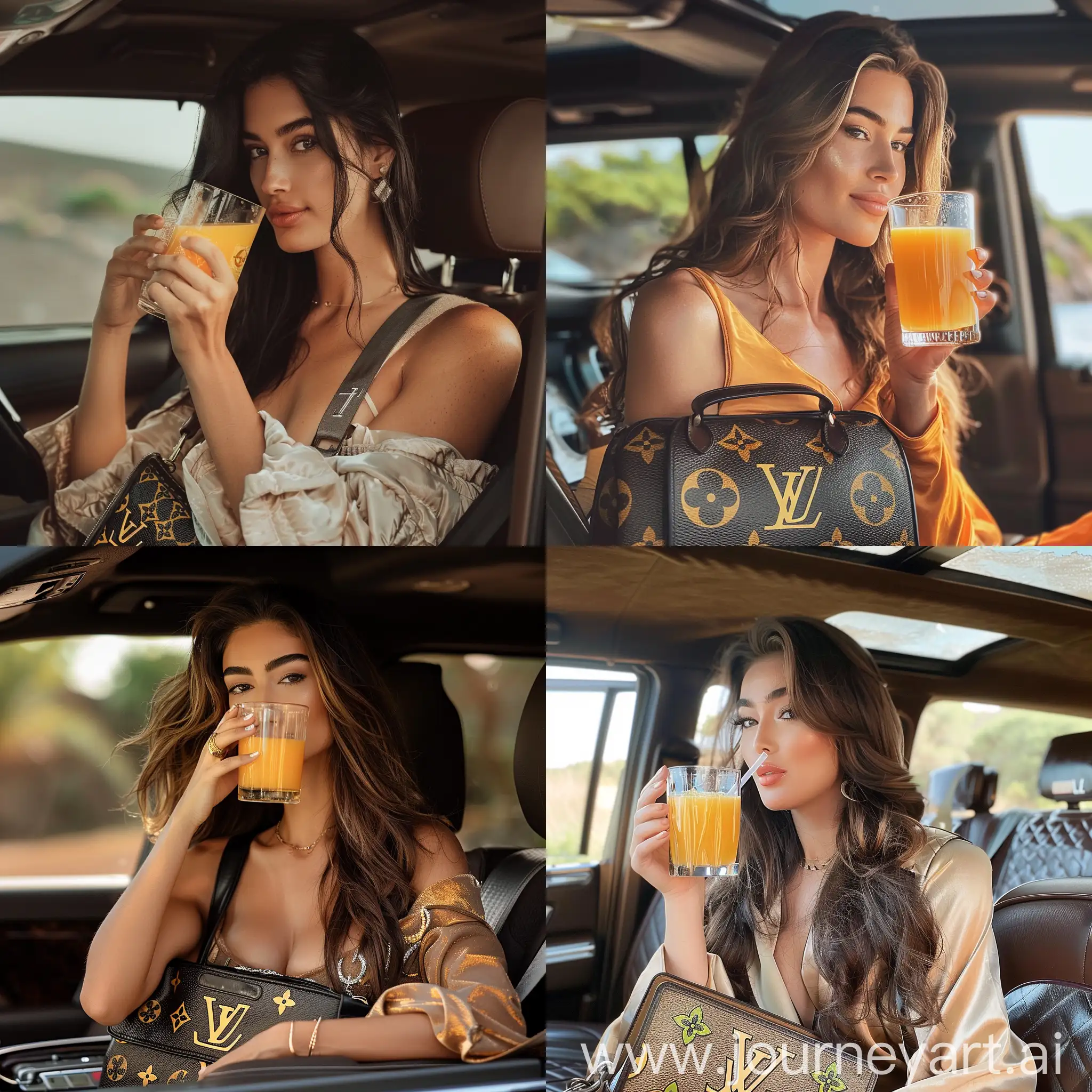 一个美女，挎着一个lv的包包，正在喝一杯橙汁。她坐在一辆SUV车上。