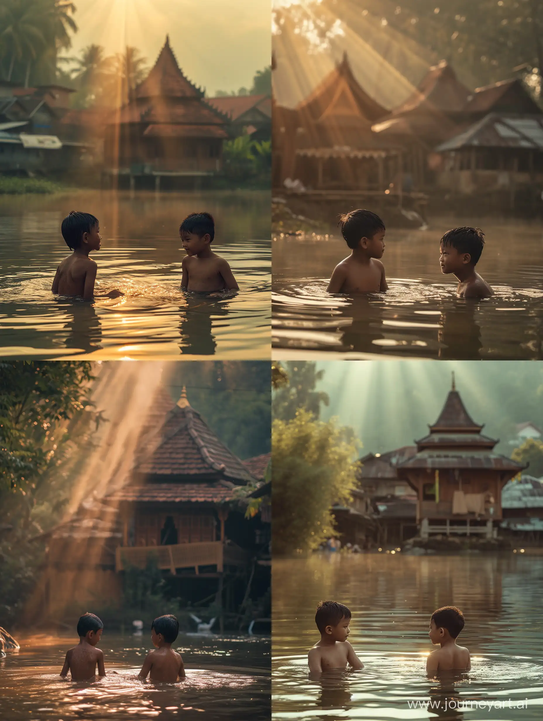 Traditional-Morning-Bathing-Scene-of-Two-Malay-Boys-in-River