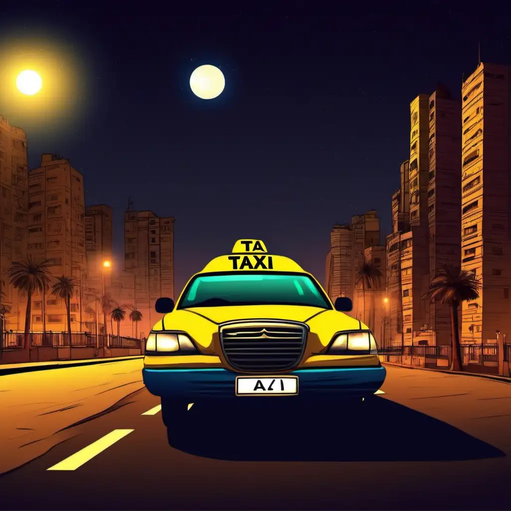 - an Egyptian taxi
- Background - Cairo at night
- the taxi is on the road to the horizon
