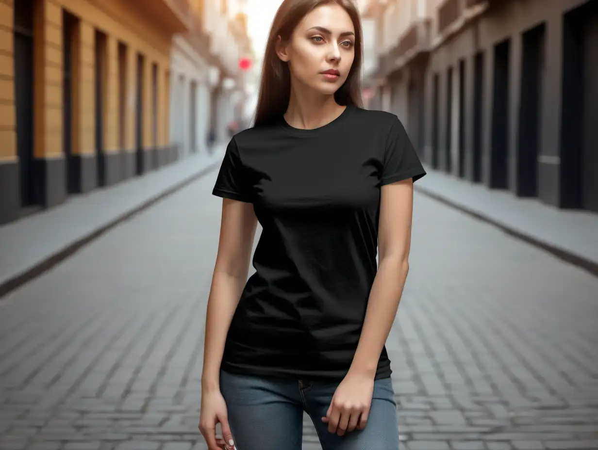mock up, woman in 
black t-shirt in the street
 room, t-shirt is blank, t-shirt is not to tight