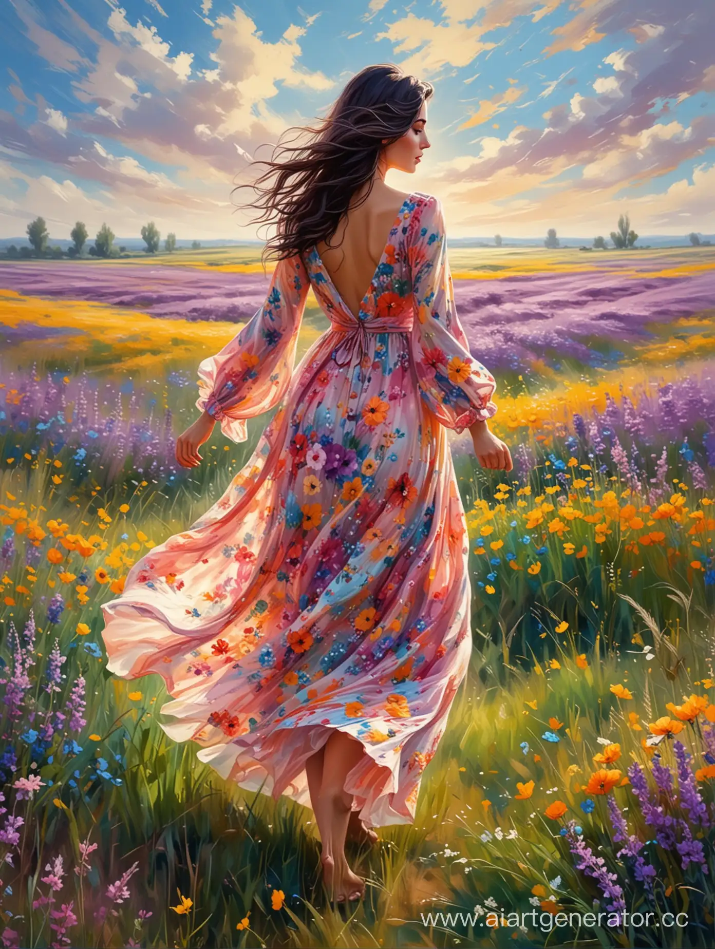 Красивая девушка с тёмными волосами в красивом платье стоит спиной посреди цветущего поля , дует ветер, платье развивается на ветру. В стилистике картины, яркие краски