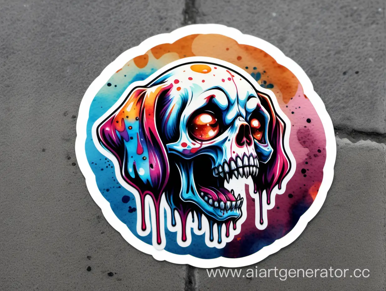 skull dog, funny, sweet,  high contrast, fluid, watercolor, street art, sticker