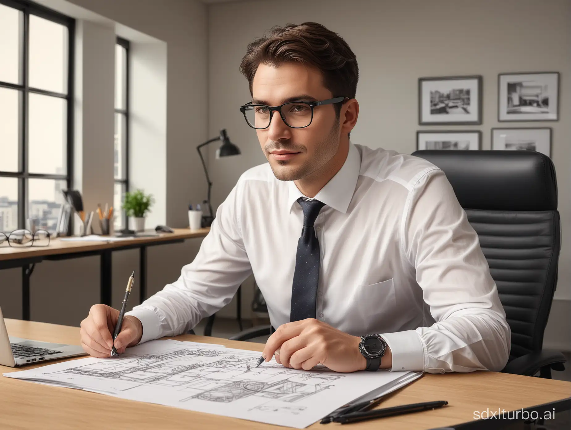 Photography, realistic, current office building, male, wearing glasses, indoor, office desk, computer, sitting in front of the computer, drawing, details, beautiful composition, high-end