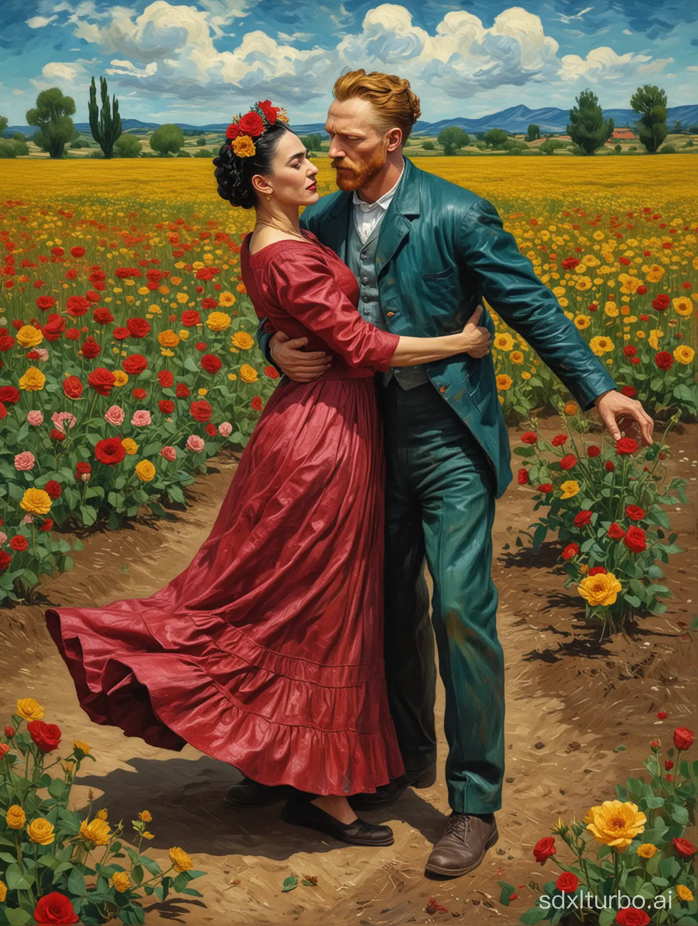 "van gogh and frida kahlo dancing on the corpse of a rose in the field"

van gogh style