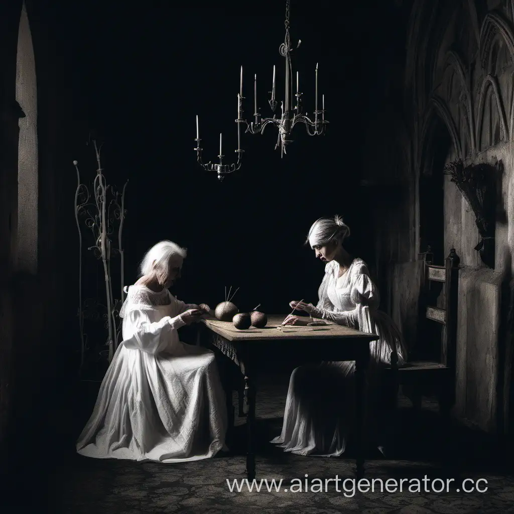 Gothic-Knitting-Scene-Elderly-Woman-Crafting-with-Needles-in-Dark-Hall