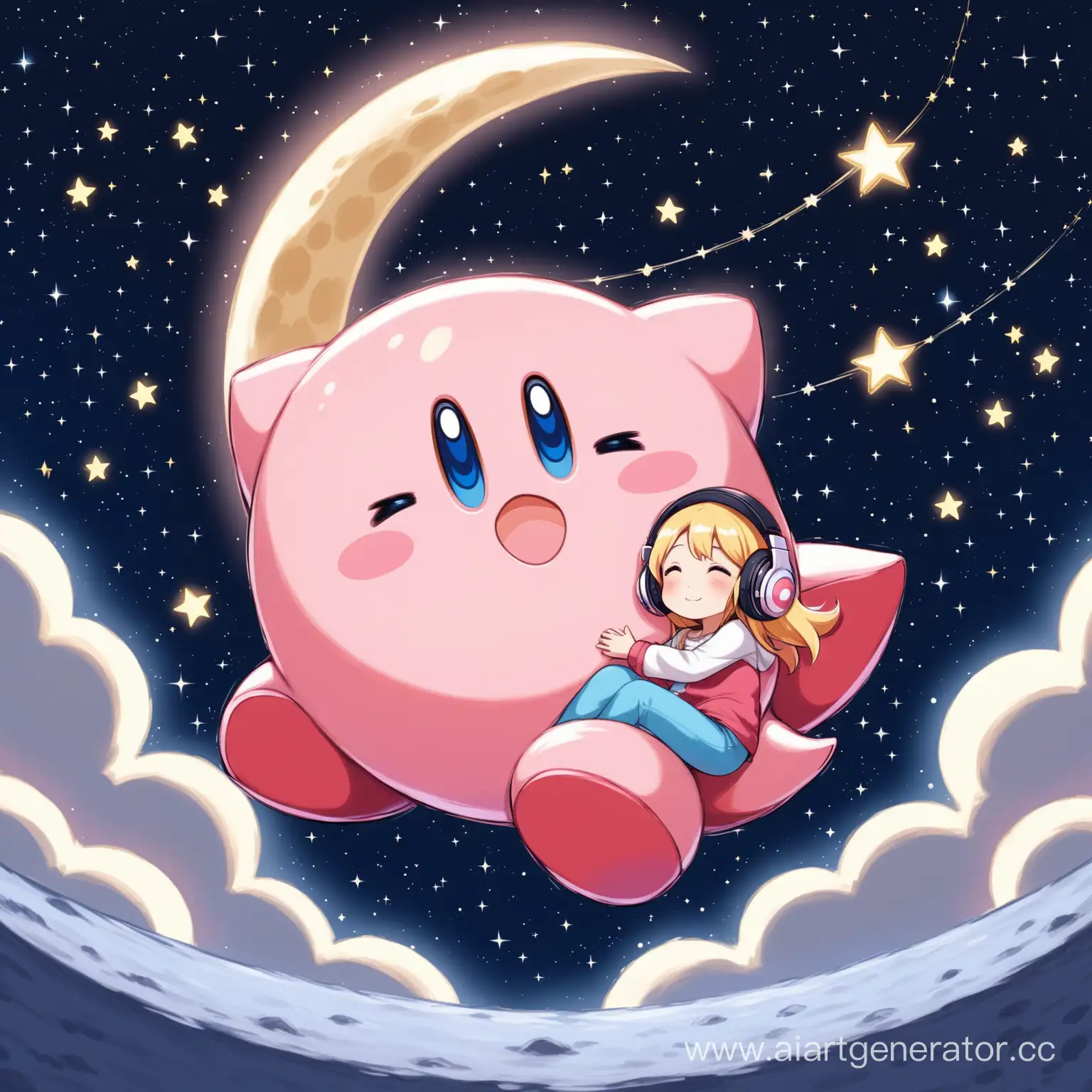 Girl-with-Headphones-Embracing-Kirby-on-the-Moon