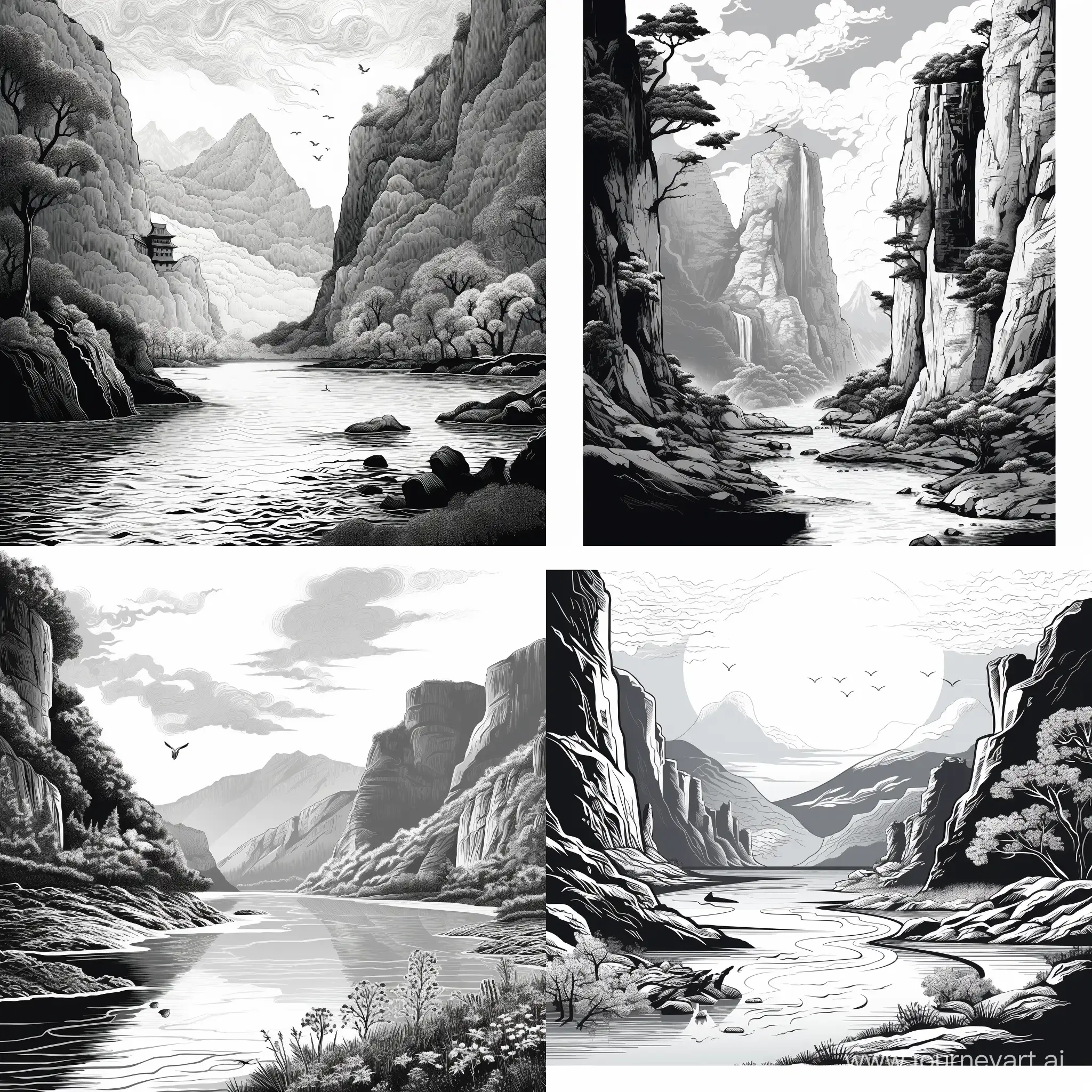 Manga-Style-Monochrome-Landscape-River-Mountain-and-Cliff