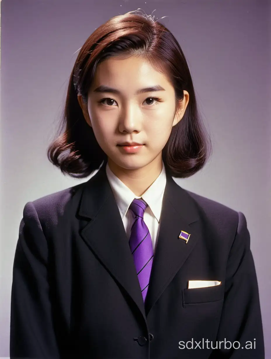 Stylish-Young-Japanese-Woman-in-1950s-Black-Suit-with-Purple-Tie
