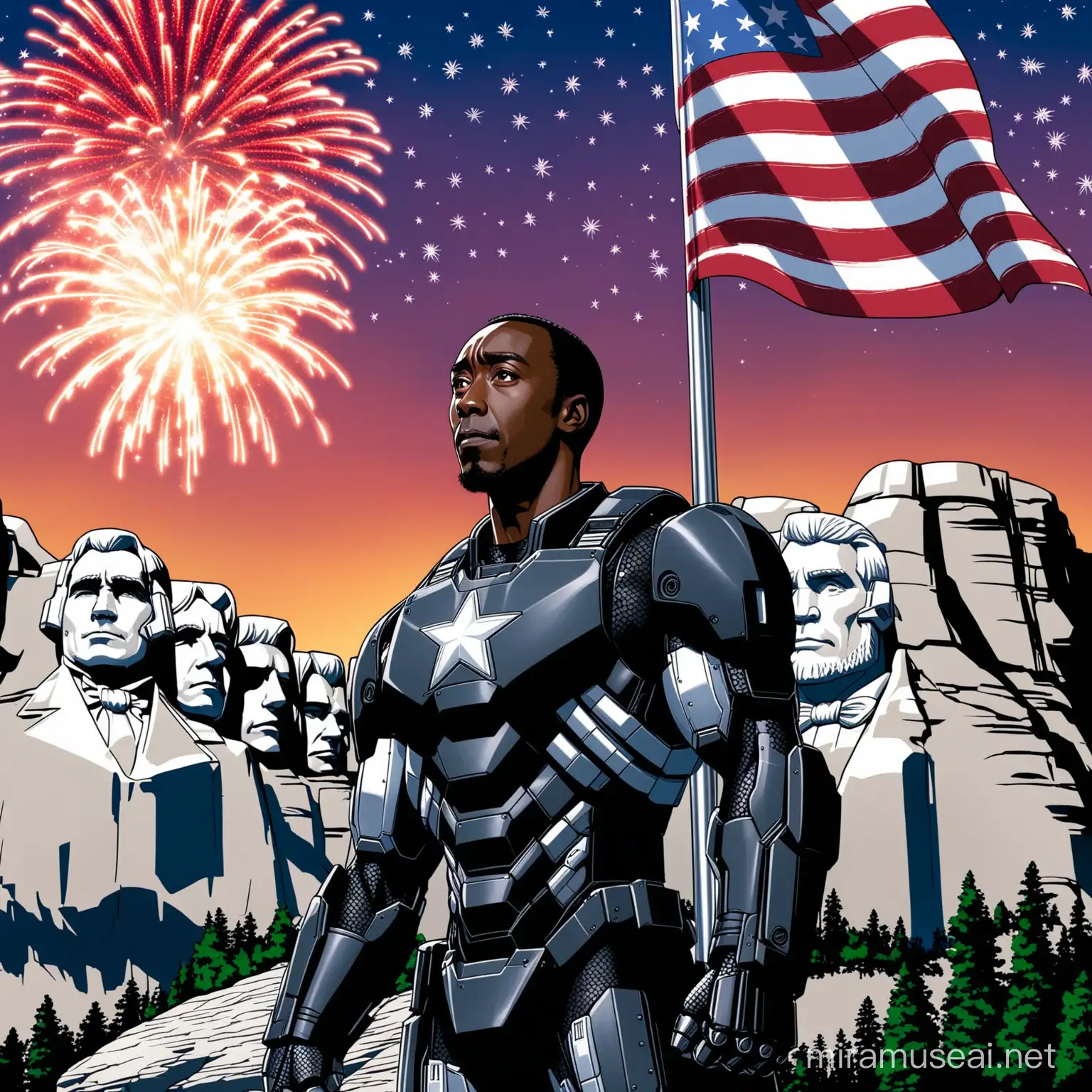 Don Cheadle, as Marvel’s War Machine, standing in front of Mount Rushmore, at night, with fireworks in the sky, leaned up against a flag pole, with the American Flag waving in the air majestically 