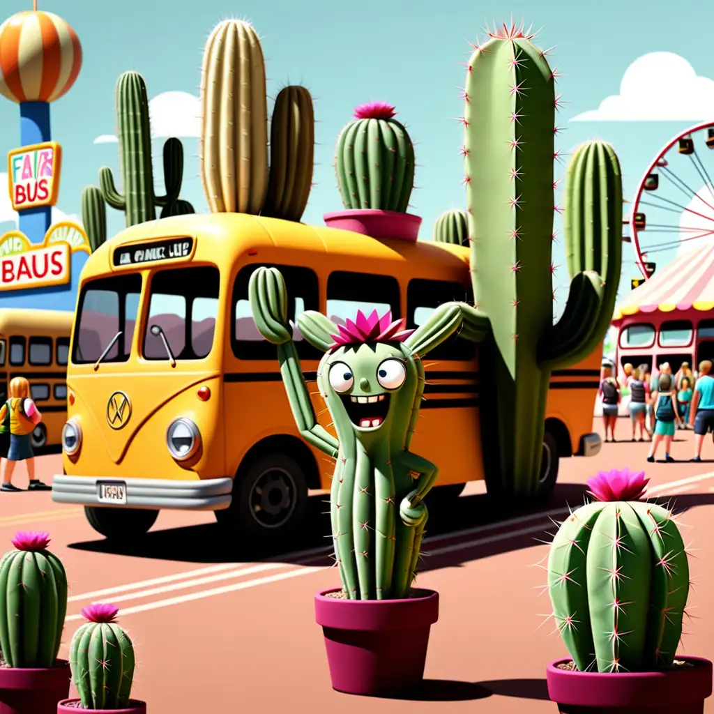 Whimsical Cartoon Cacti Boarding the Fair Bus