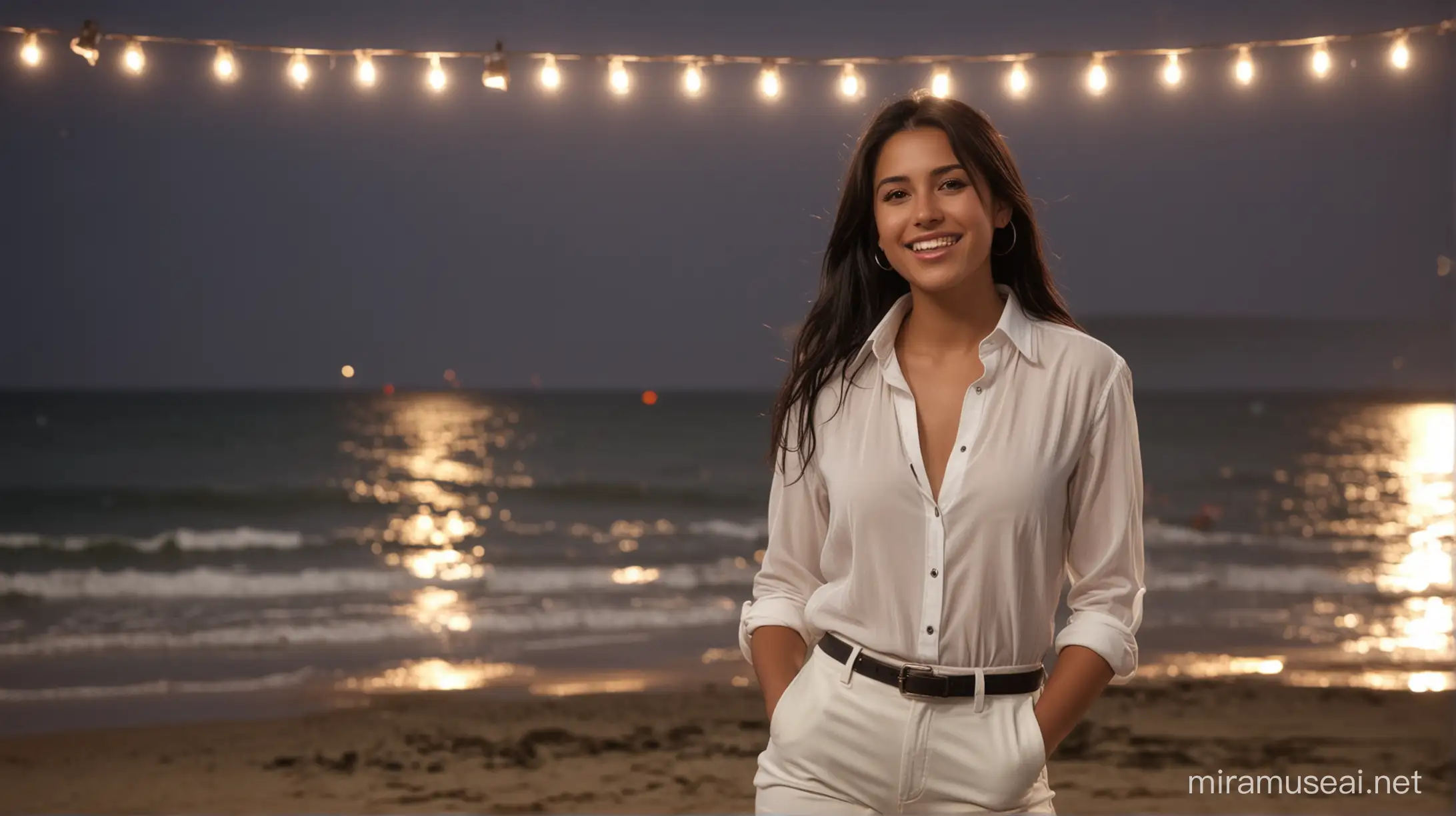 full length,26 years old, gorgeous Columbian woman, happy, smiling, Long straight black hair, wearing a buttoned collared white shirt and white pants, singing at an anniversary party on the beach at night, there are many lights, looking at viewer, powerful facial expression, sweet face, clearly brown eyes,(summer season) theme 1.5), rain, detailed dinner room background, ambient lighting, maximum detail, cinematic frame, realistic illustration, (calming tones 1.3), (super detail 1.2), (Full Body1.9)