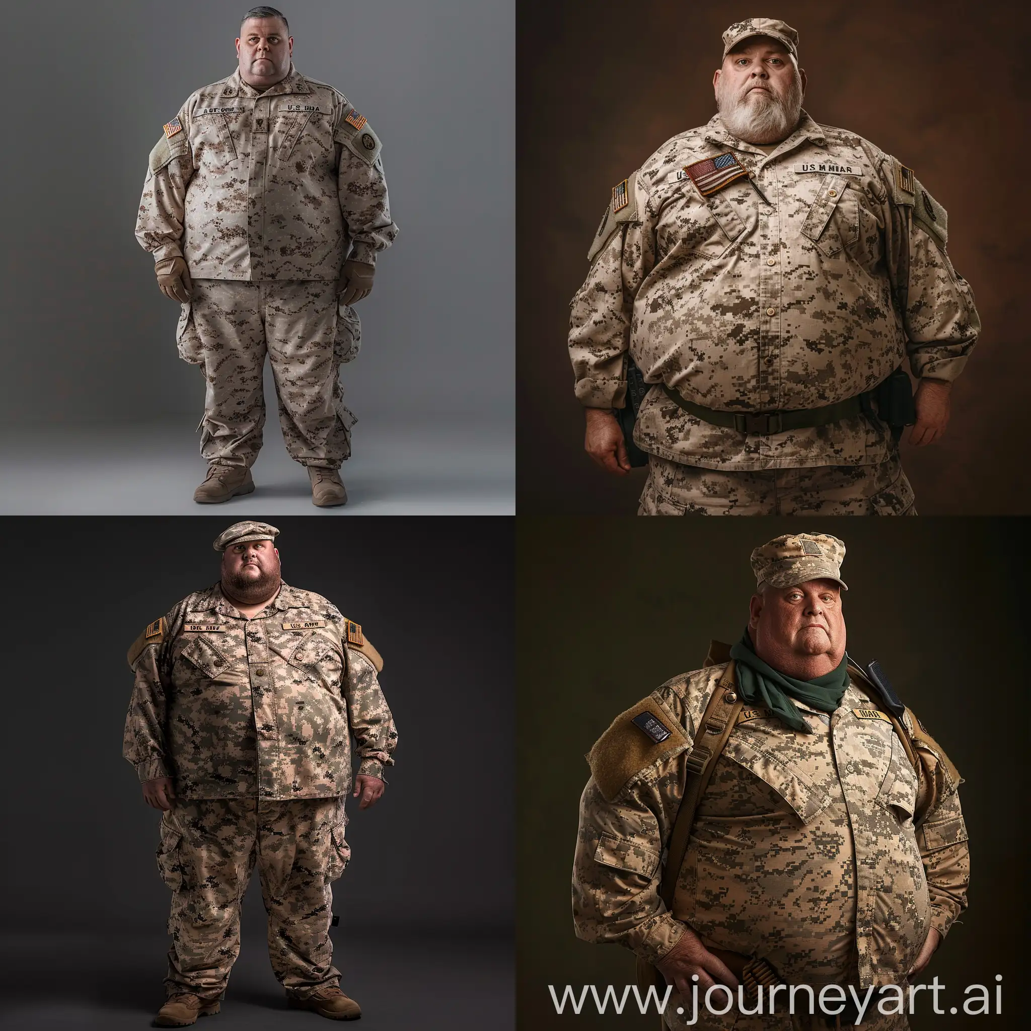 Full body photo of a fat man aged 60 wearing a complete us army combat marine uniform -- ar 16:9