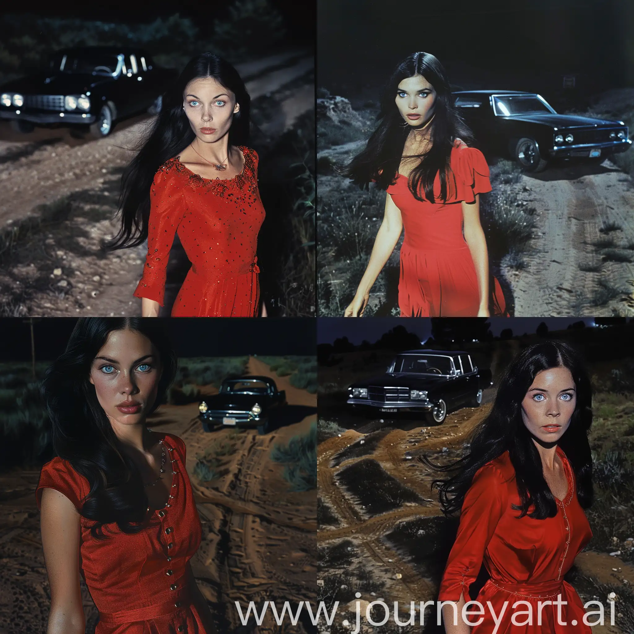 1960s-Woman-in-Red-Dress-Walking-at-Night-Crossroads-with-Black-Car