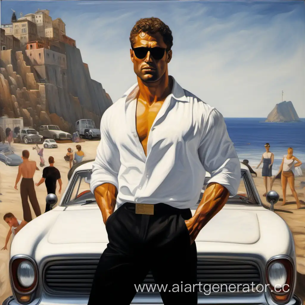 Картина в кружочке внутри изображен Геркулес в белой рубашке и чёрных штанах в чёрных очках на фоне машины у берега моря