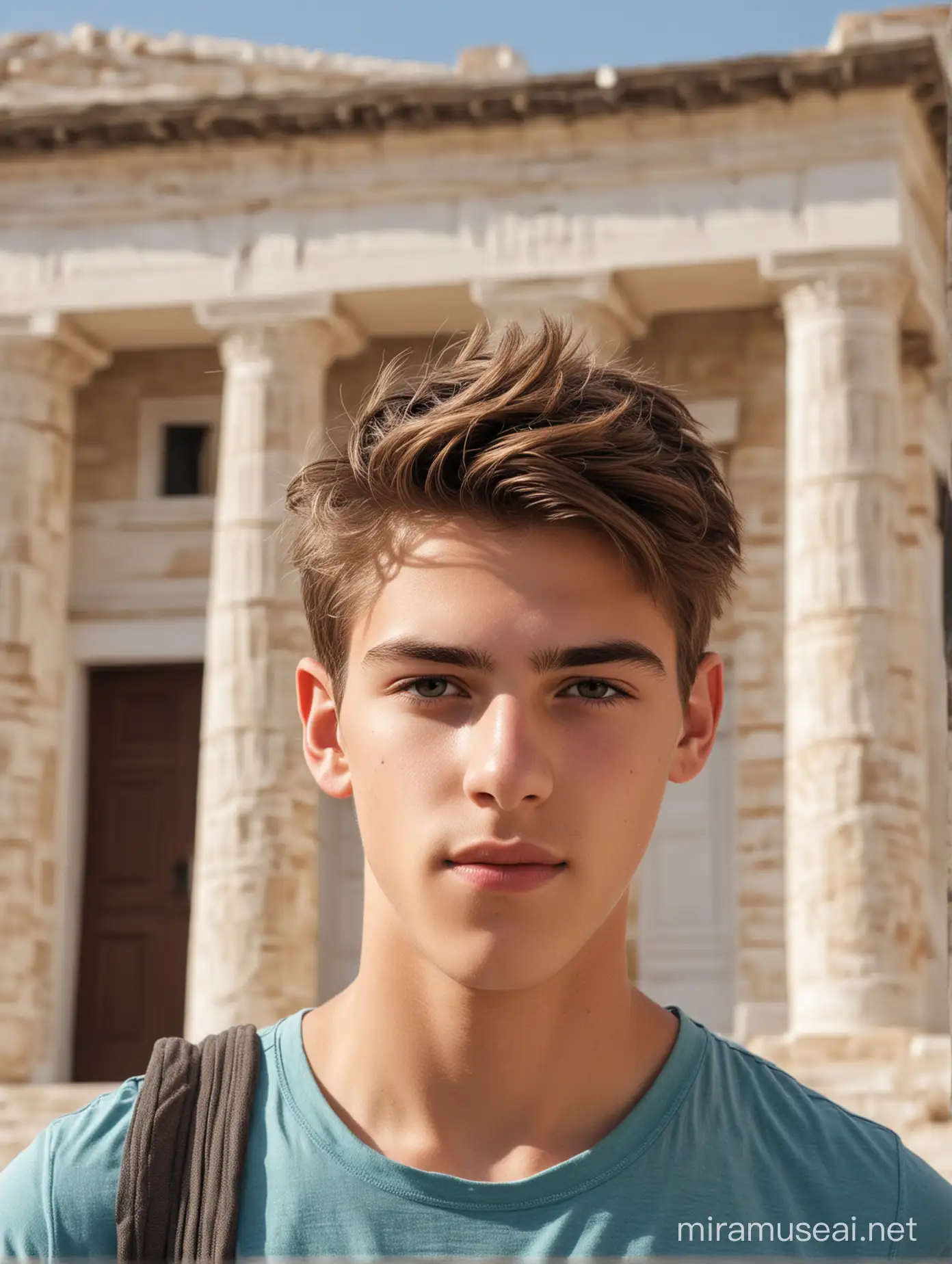 16 year old cute model boy close up in front of a Greek building