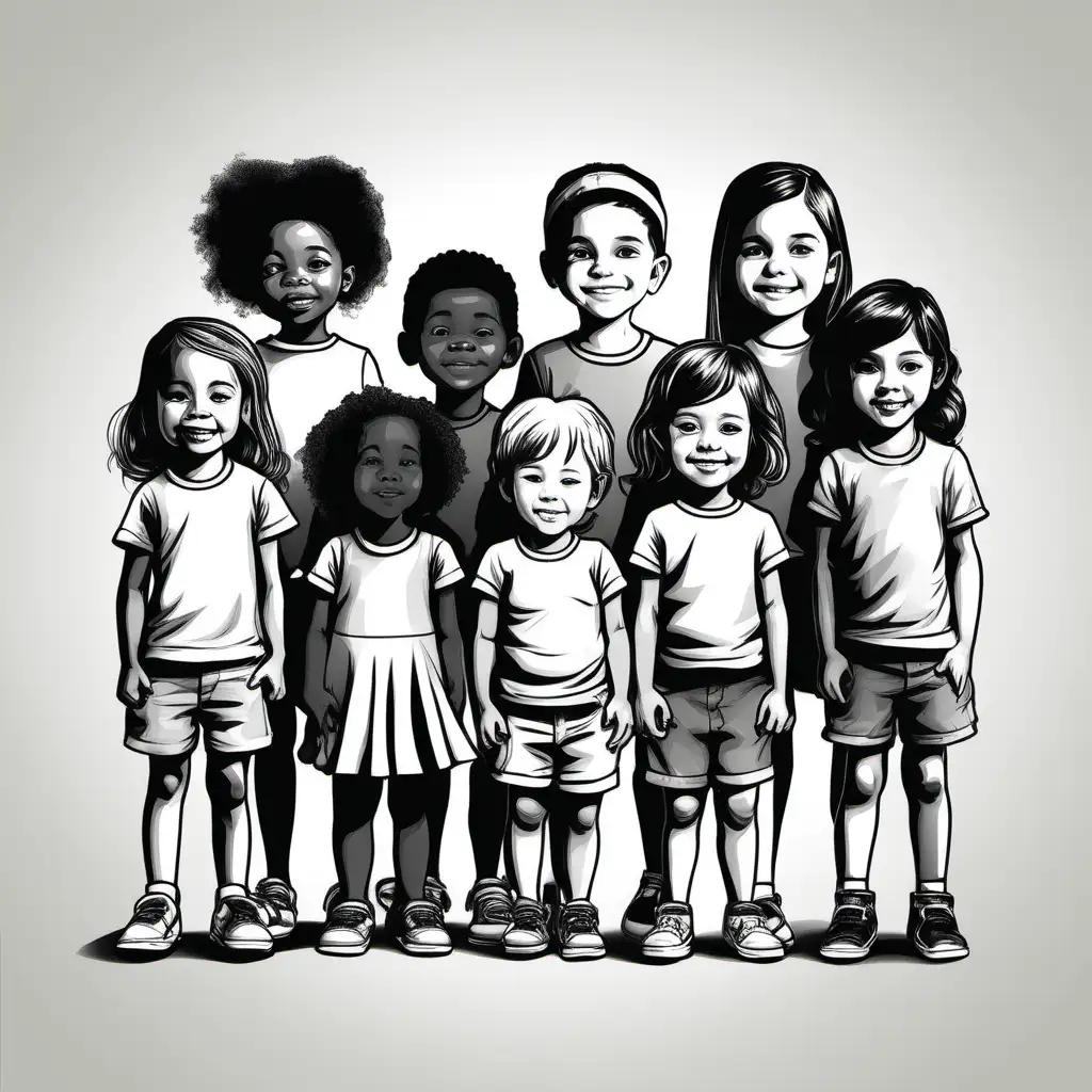 simple black and white image of a small group of kids of different ages and different races