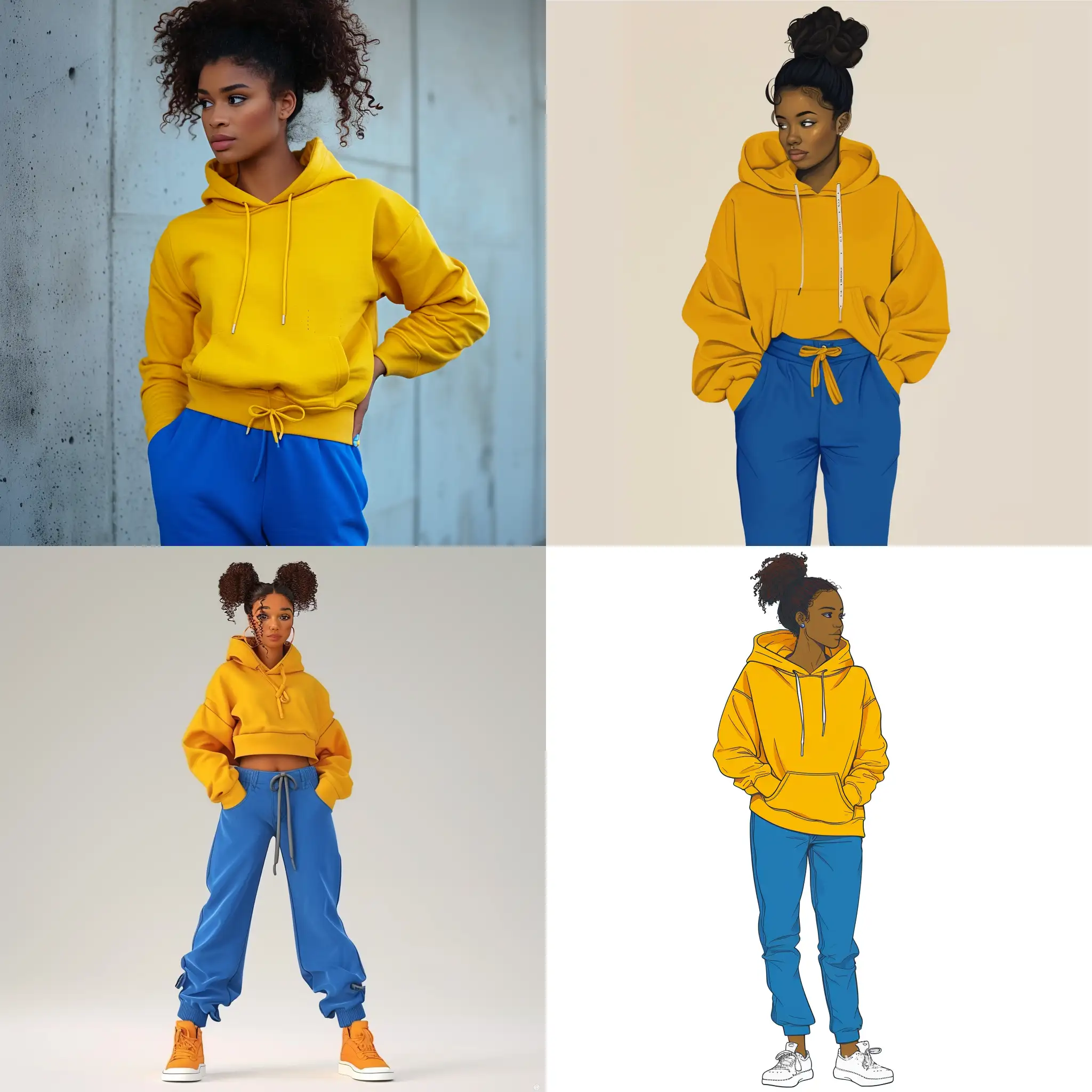 a woman with blue pants and a yellow hoodie