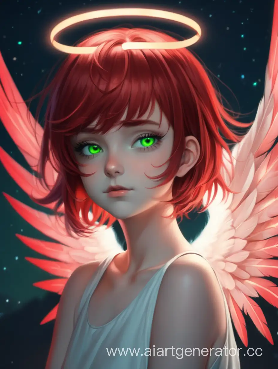 Девушка красные короткие волосы без Чуба. Зелёные глаза. Алые ангельские крылья и алый нимб. Ночь. 