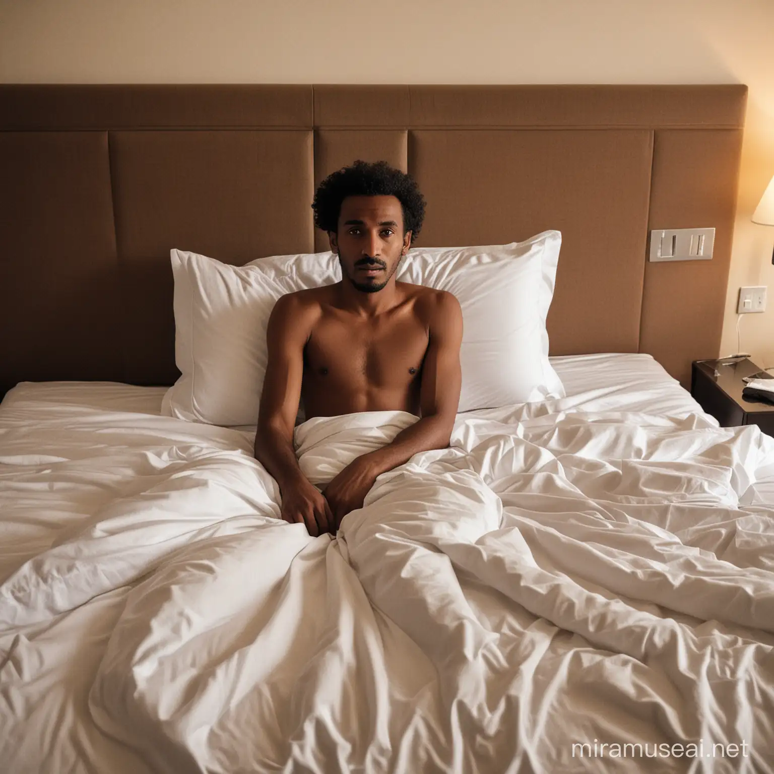 Eritrean man waking up in a hotel bed.

