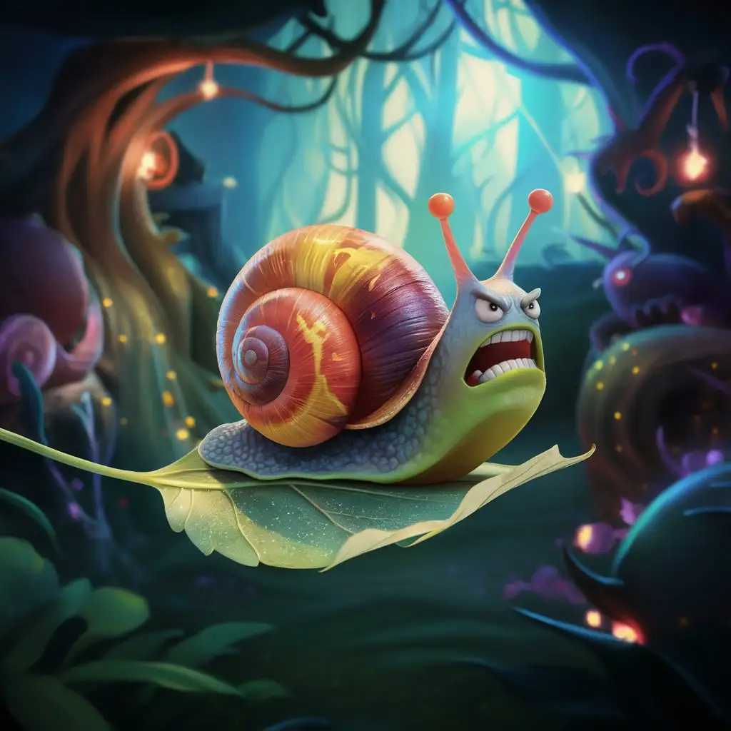 An angry and colorful snail walking on a leaf in the middle of an enchanted forest.