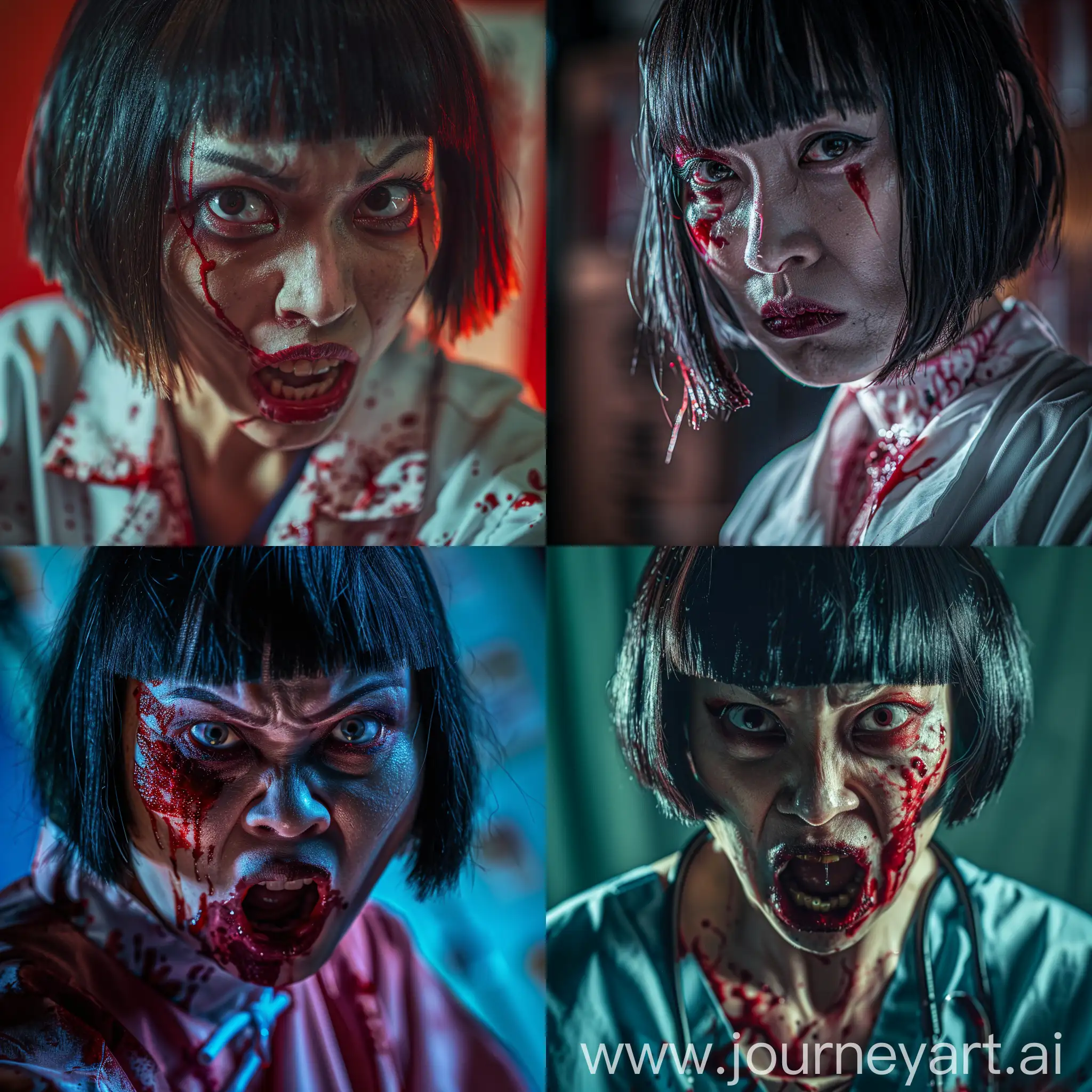 Mad Chinese woman with bobbed hair and evil face, wearing bloody doctor attire, making surgeon, cinematic lighting, realistic image, Panasonic Lumix G9, Close-Up shot, Sigma 24-70mm, macro by Linden Gledhill
