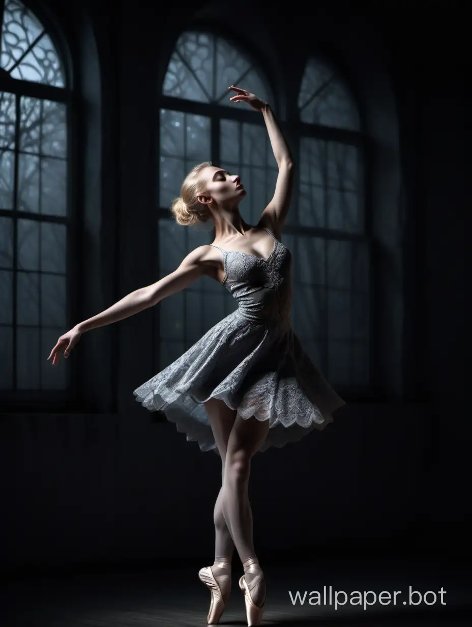 A poetic and visually captivating scene. The image shows a beautiful Russian blonde dancer, medium-sized breasts with delicate makeup and clear eyes, wearing a gray lace dress (the dress has petal designs and a short skirt). She is dancing ballet alone in a dark room, illuminated by the moonlight coming through a large window. The ballet shoes she is wearing are white, highlighting her figure and angelic face. This description transports us to a magical and romantic atmosphere, where the dancer is in the center of the room, expressing her art and grace through dance. The combination of the darkness of the room, the moonlight, and the elegance of the dancer creates a visually striking and beautiful image.